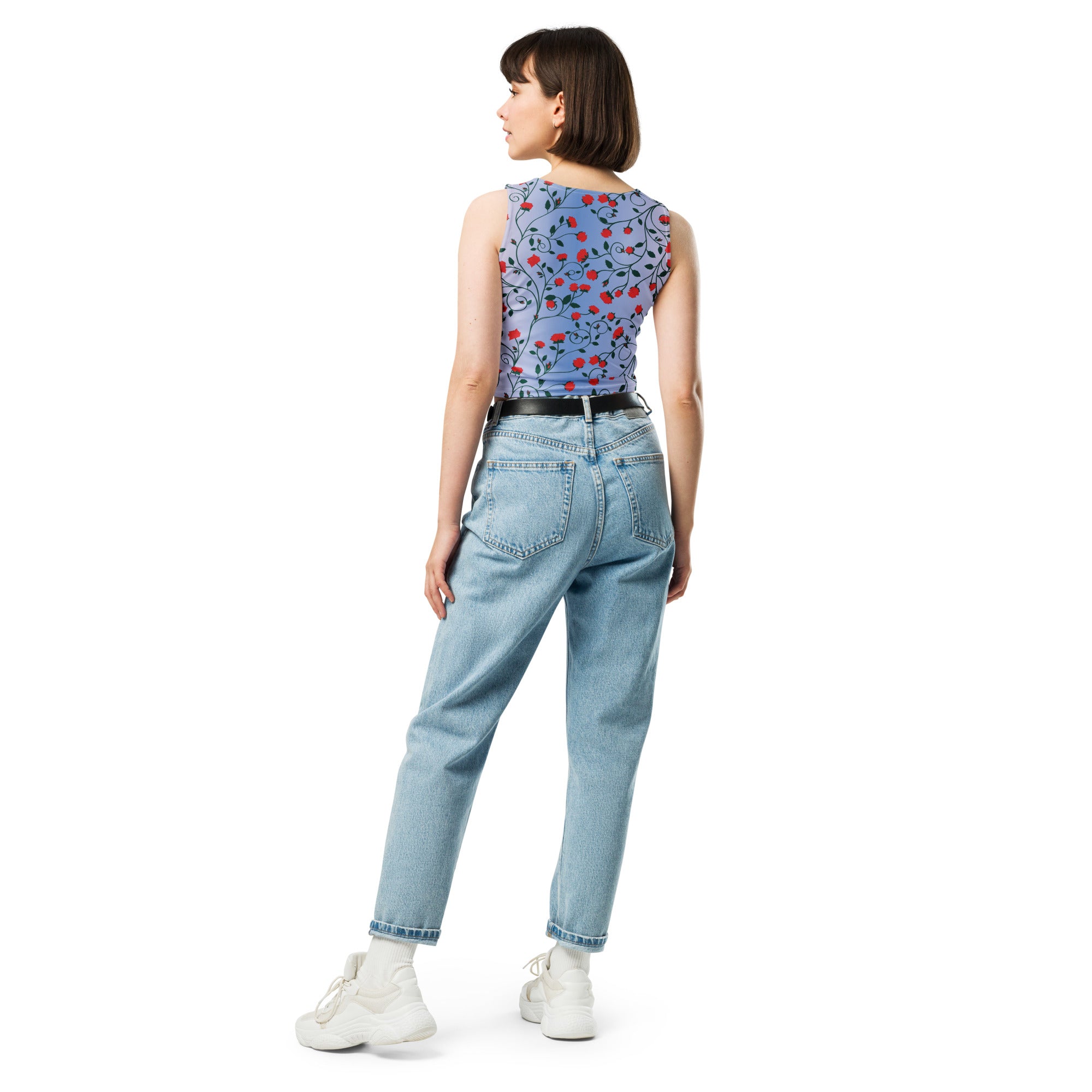 Women's-moisture-wicking-blue-floral-crop-top