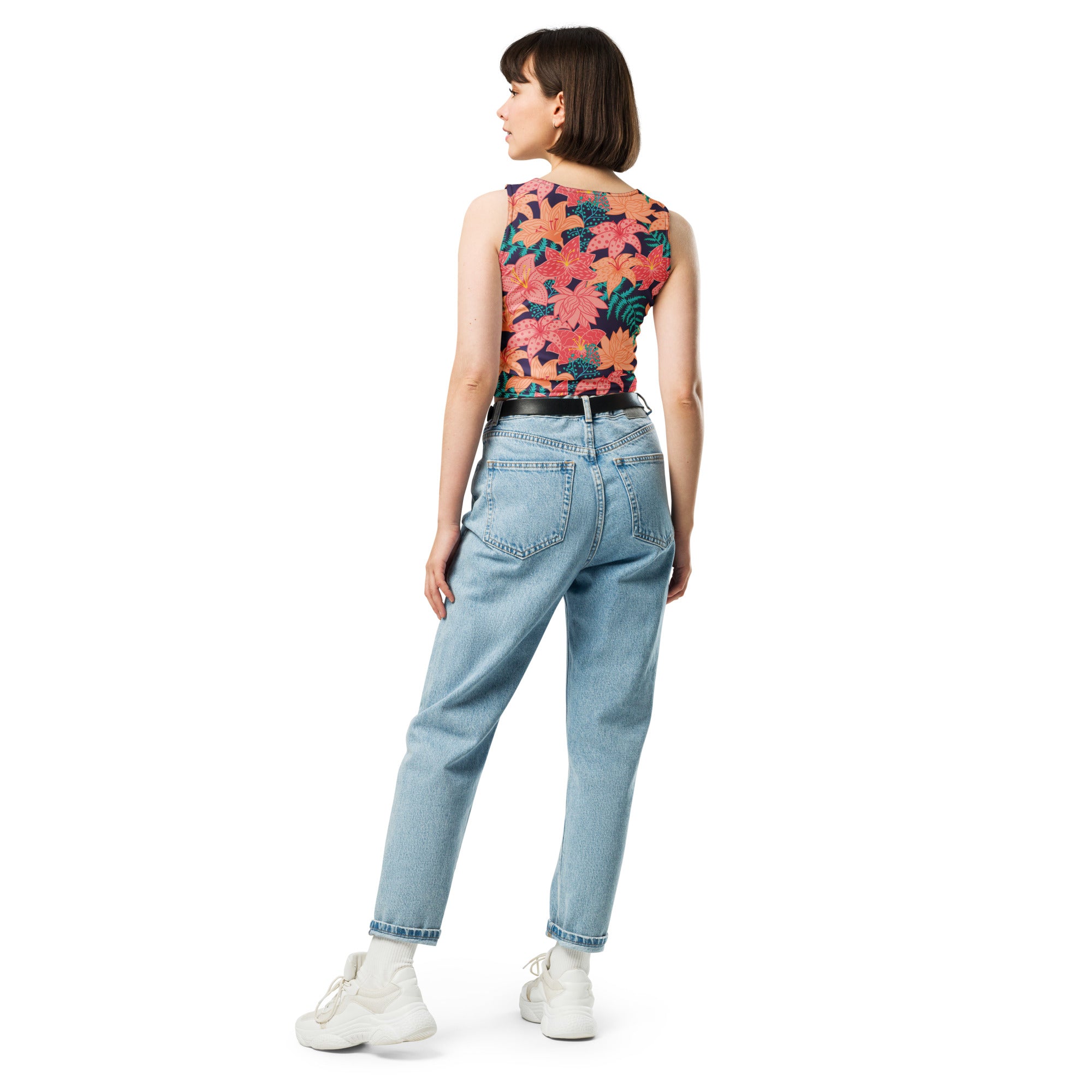 Women's-moisture-wicking-navy-blue-floral-crop-top