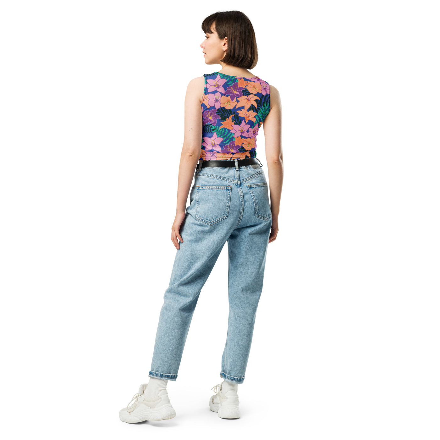 Women's-moisture-wicking-blue-floral-crop-top