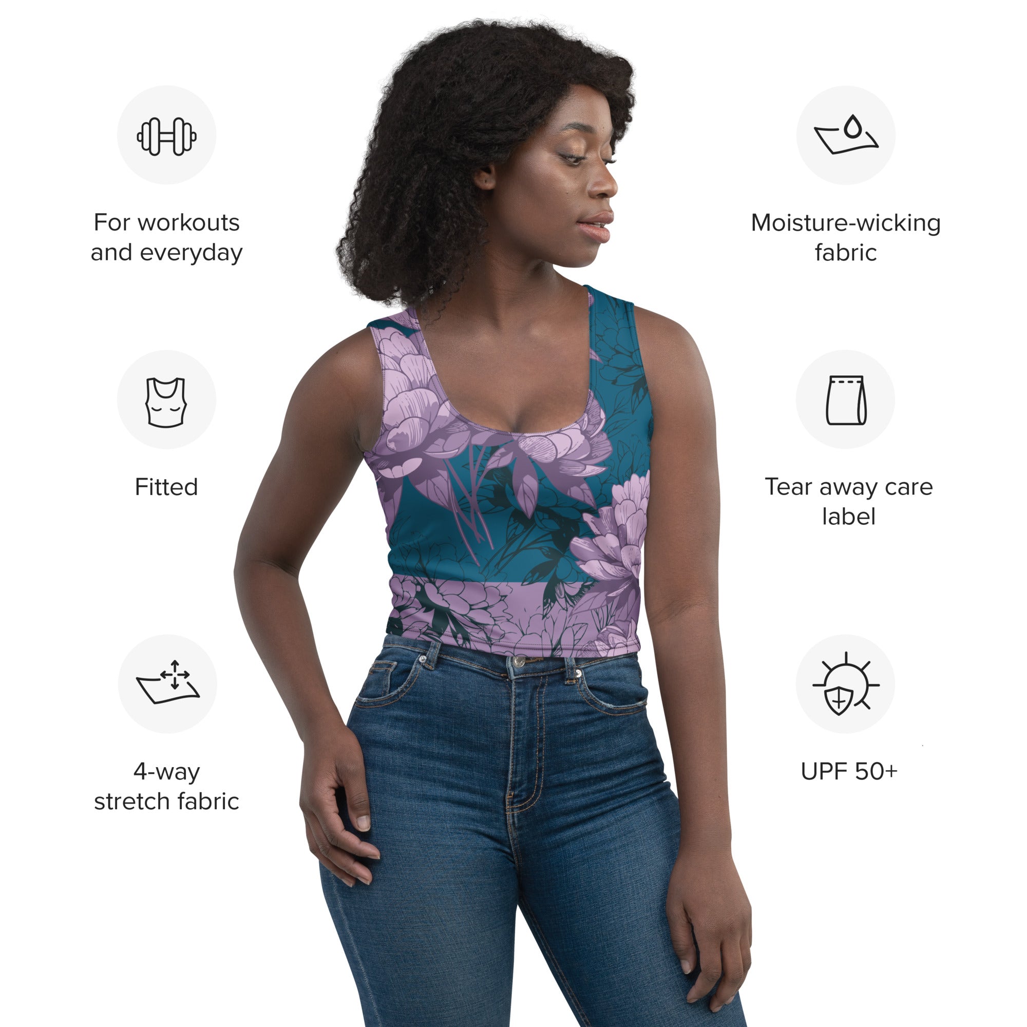 Women's-moisture-wicking-blue-floral-crop-top