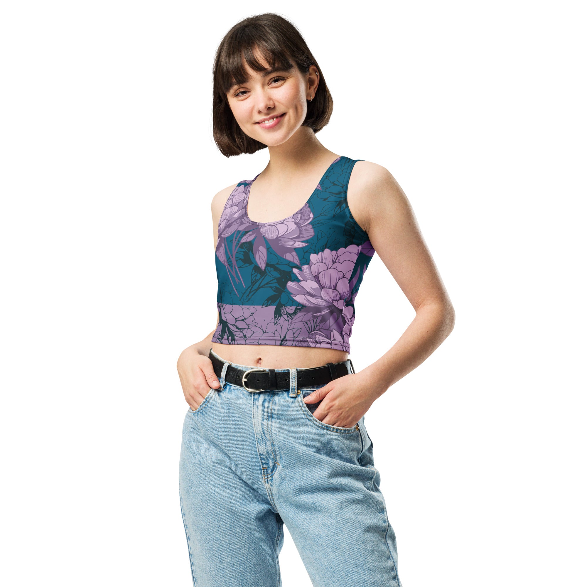 Women's-moisture-wicking-blue-floral-crop-top