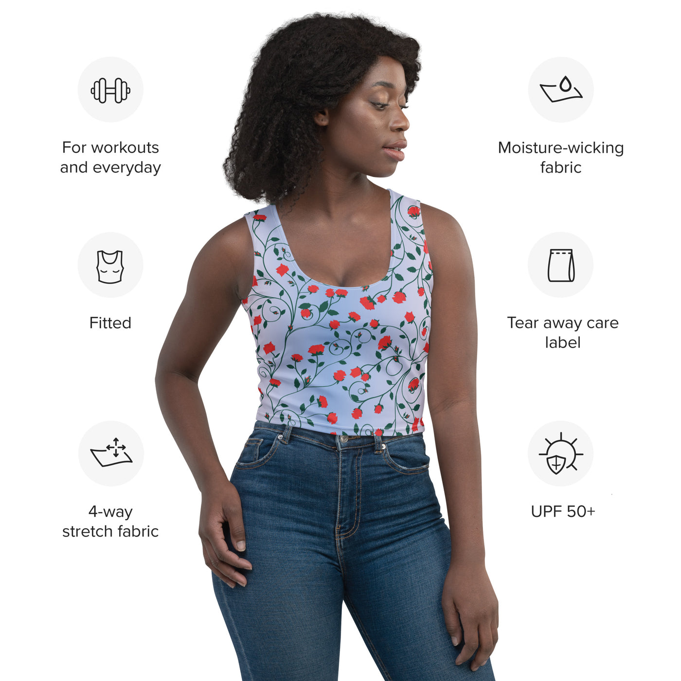 Women's-moisture-wicking-blue-floral-crop-top