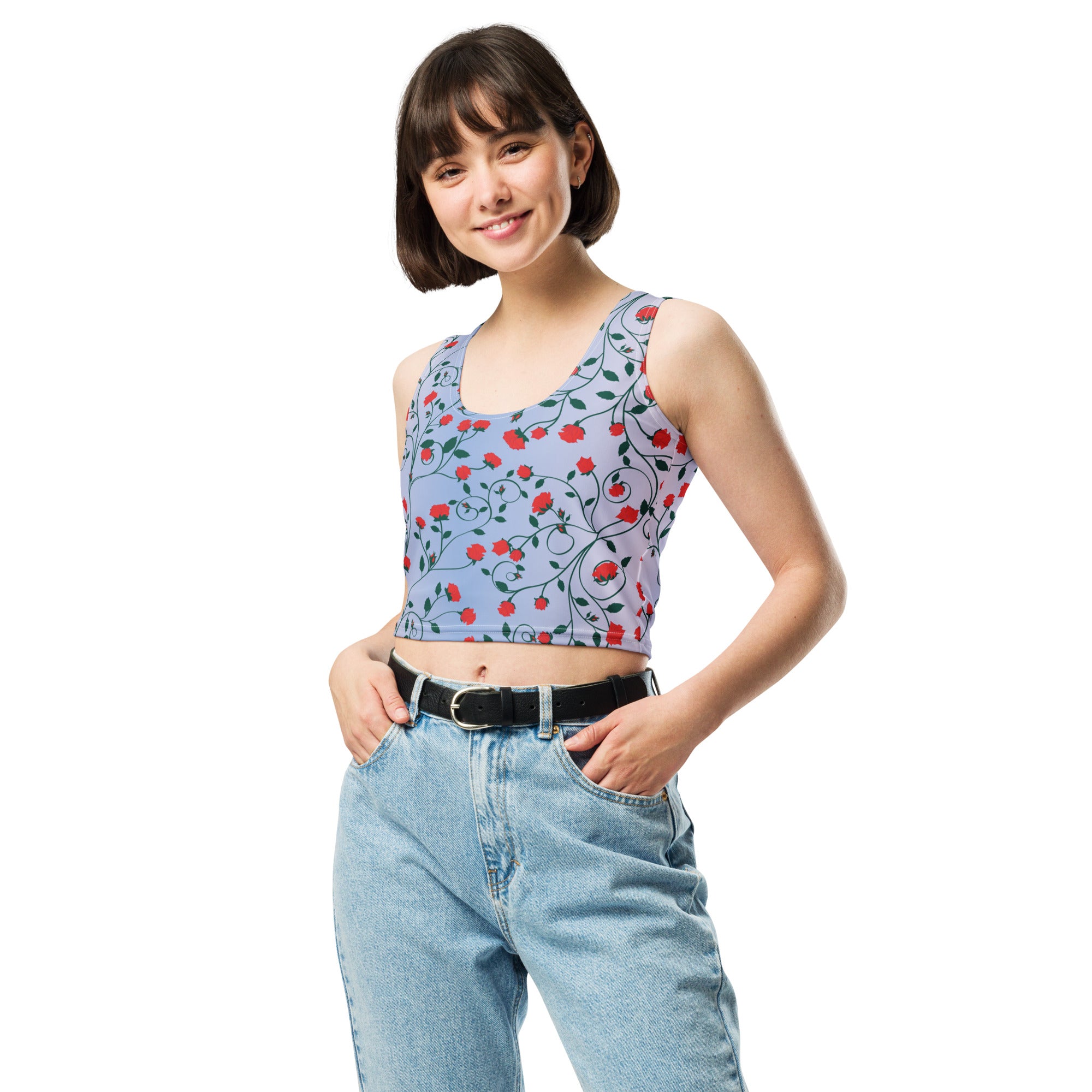 Women's-moisture-wicking-blue-floral-crop-top