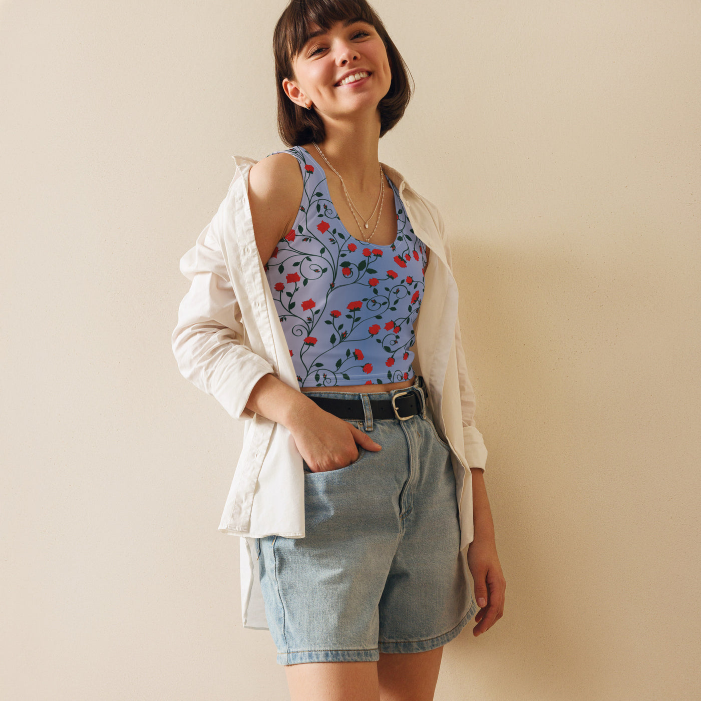 Women's-moisture-wicking-blue-floral-crop-top