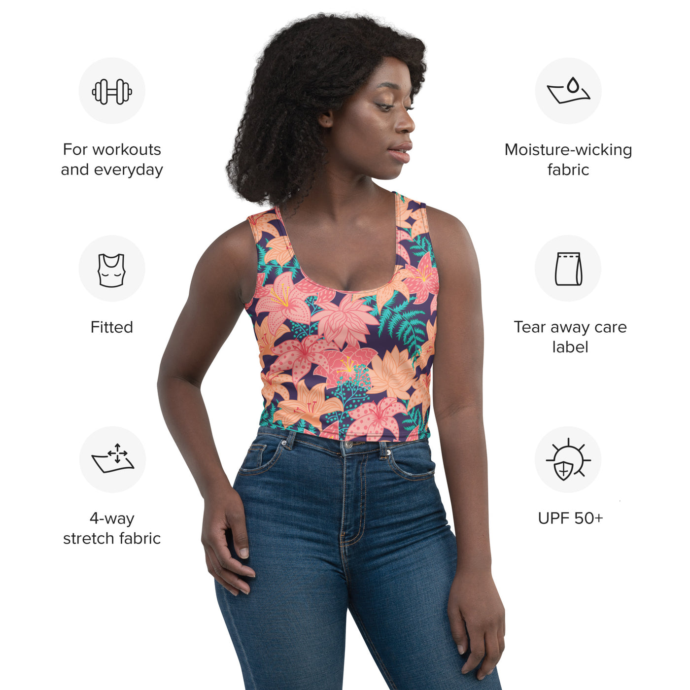 Women's-moisture-wicking-navy-blue-floral-crop-top