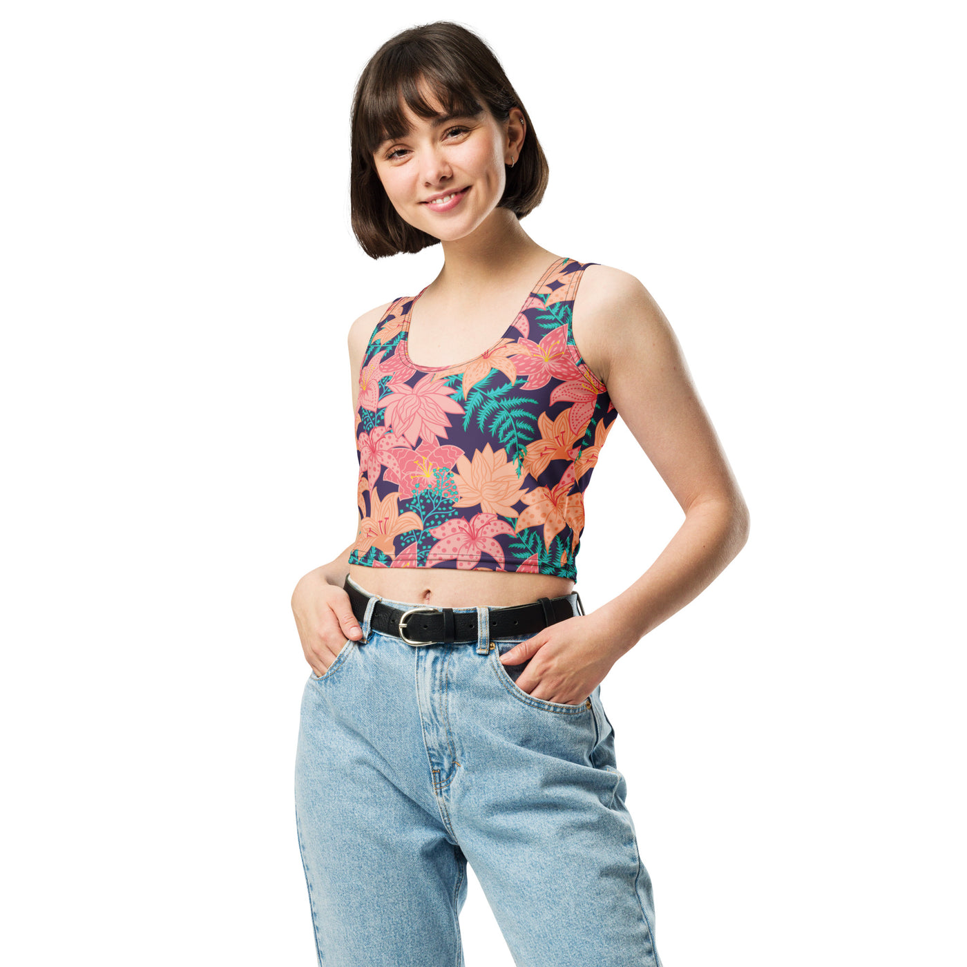 Women's-moisture-wicking-navy-blue-floral-crop-top