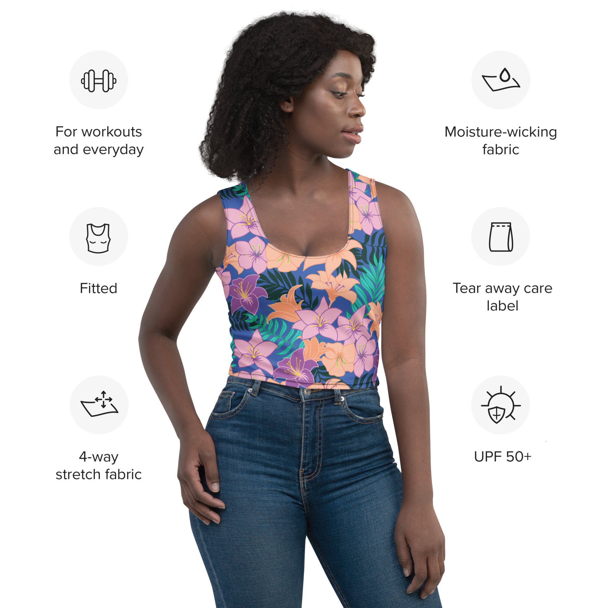 Women's-moisture-wicking-blue-floral-crop-top