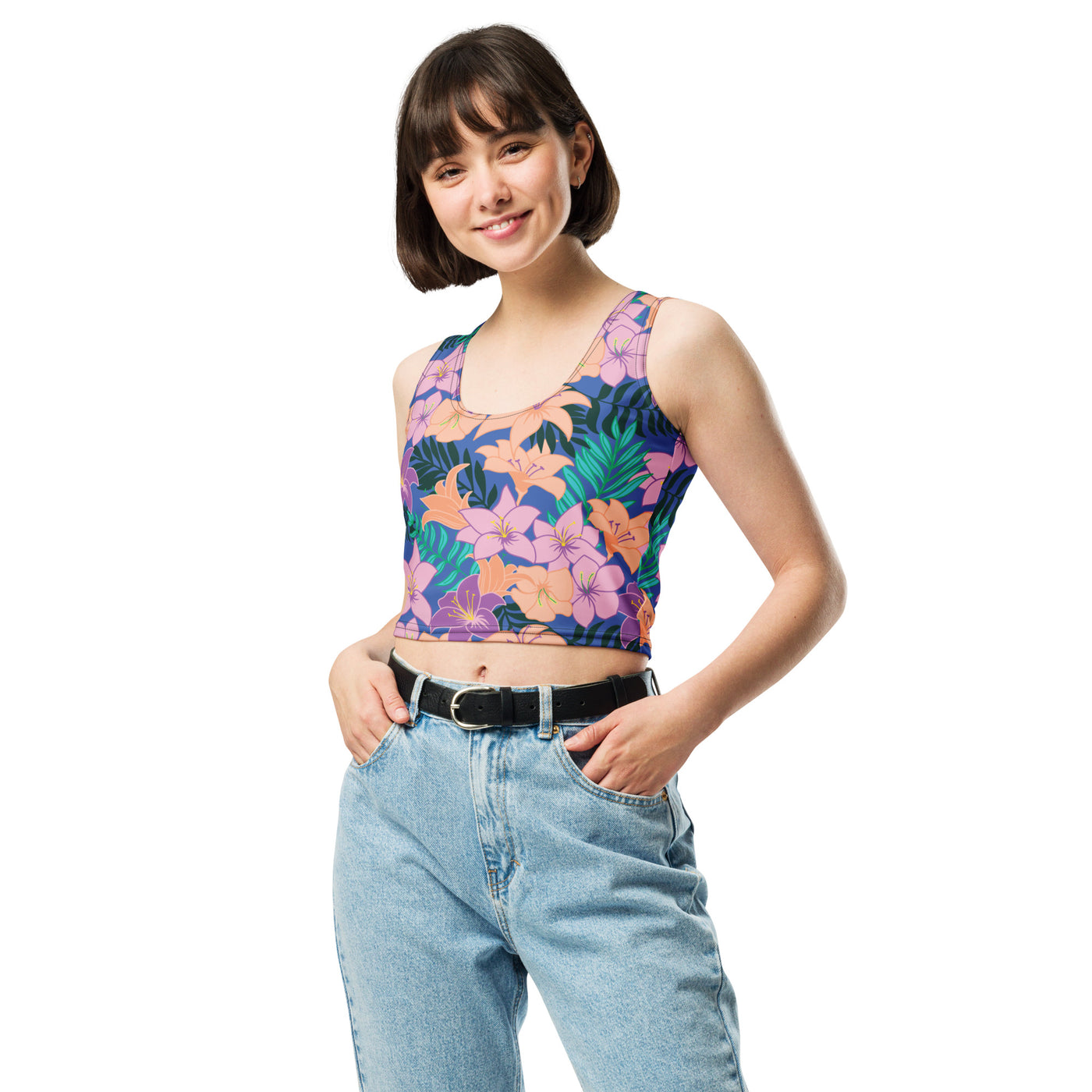 Women's-moisture-wicking-blue-floral-crop-top