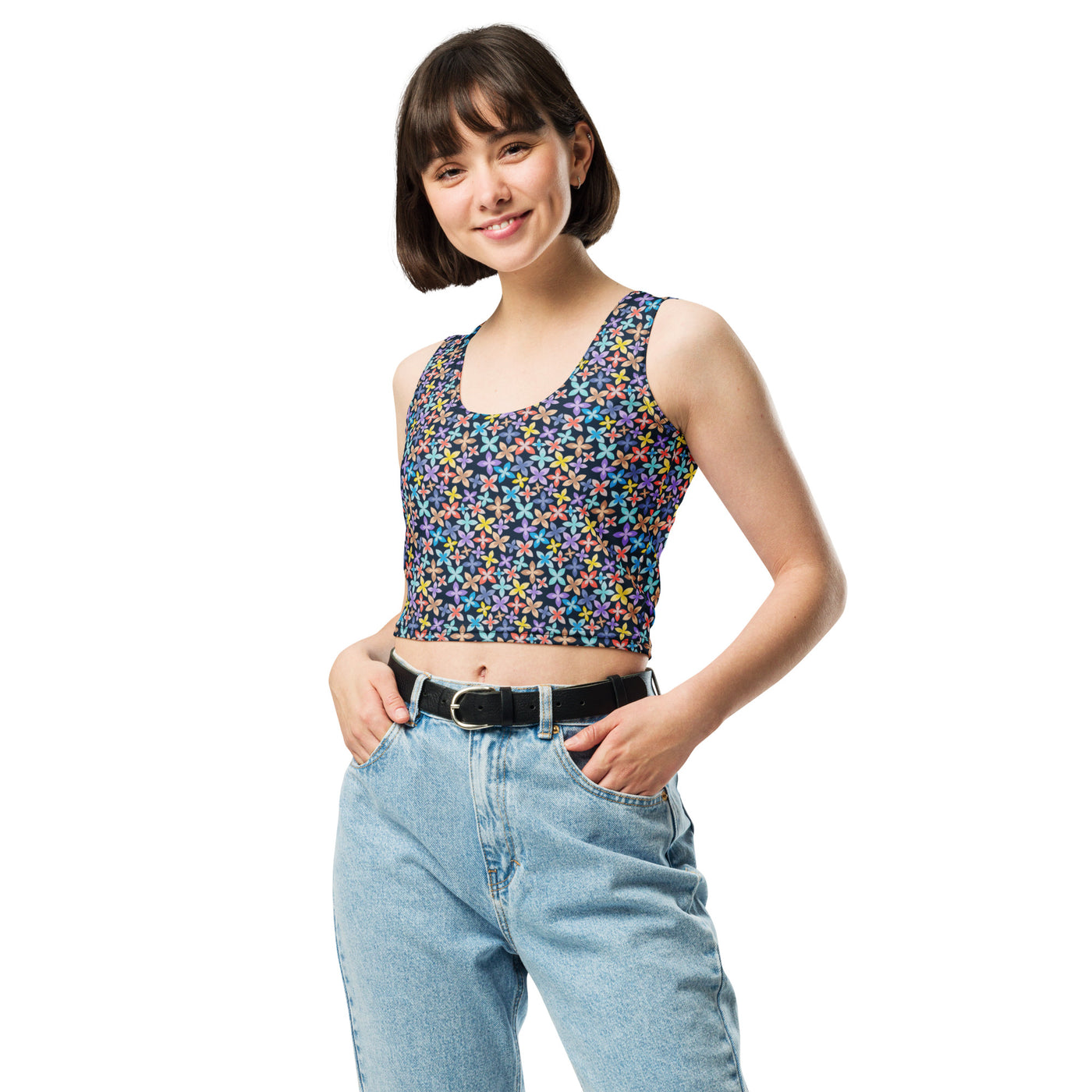 Women's-moisture-wicking-navy-blue-spin-wheel-crop-top