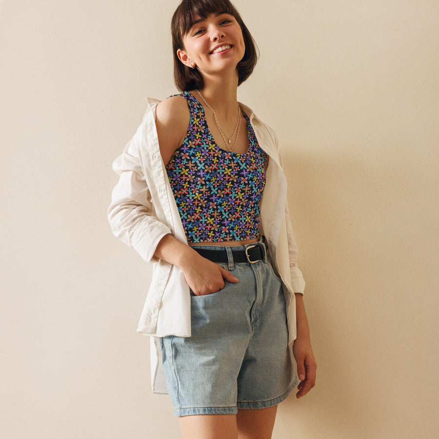 Women's-moisture-wicking-navy-blue-spin-wheel-crop-top