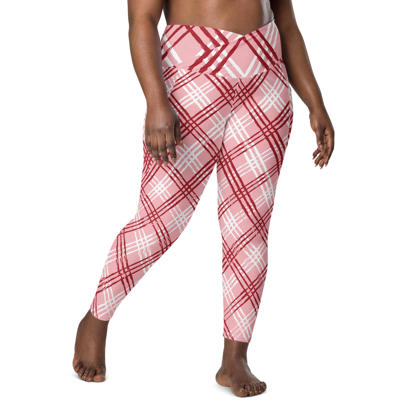 Berry Twist Plaid Plus Size Crossover Leggings with Pockets
