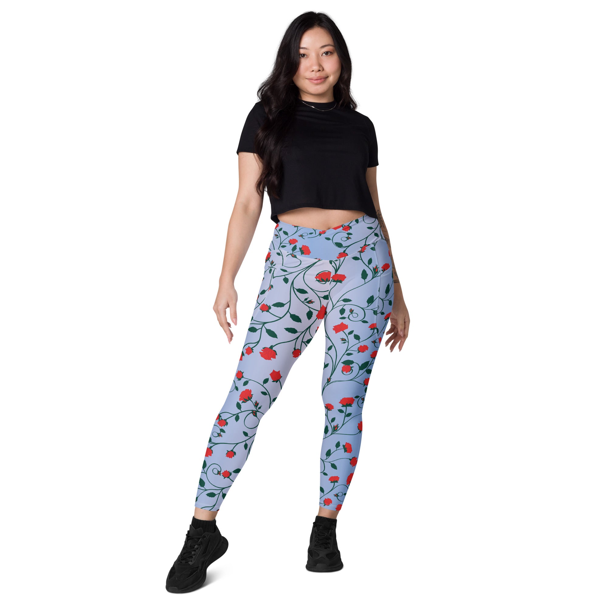 Women's-high-waisted-blue-floral-crossover-leggings-with-pockets