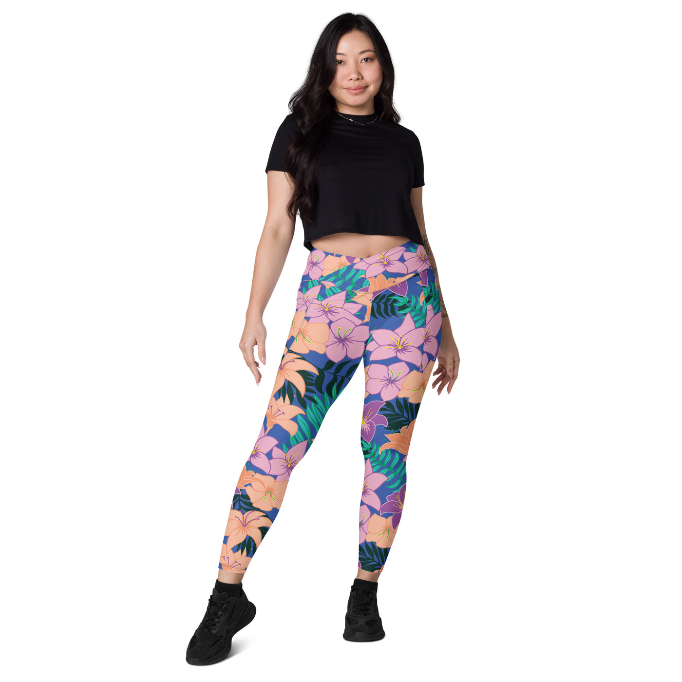 Women's-high-waisted-blue-floral-crossover-leggings-with-pockets