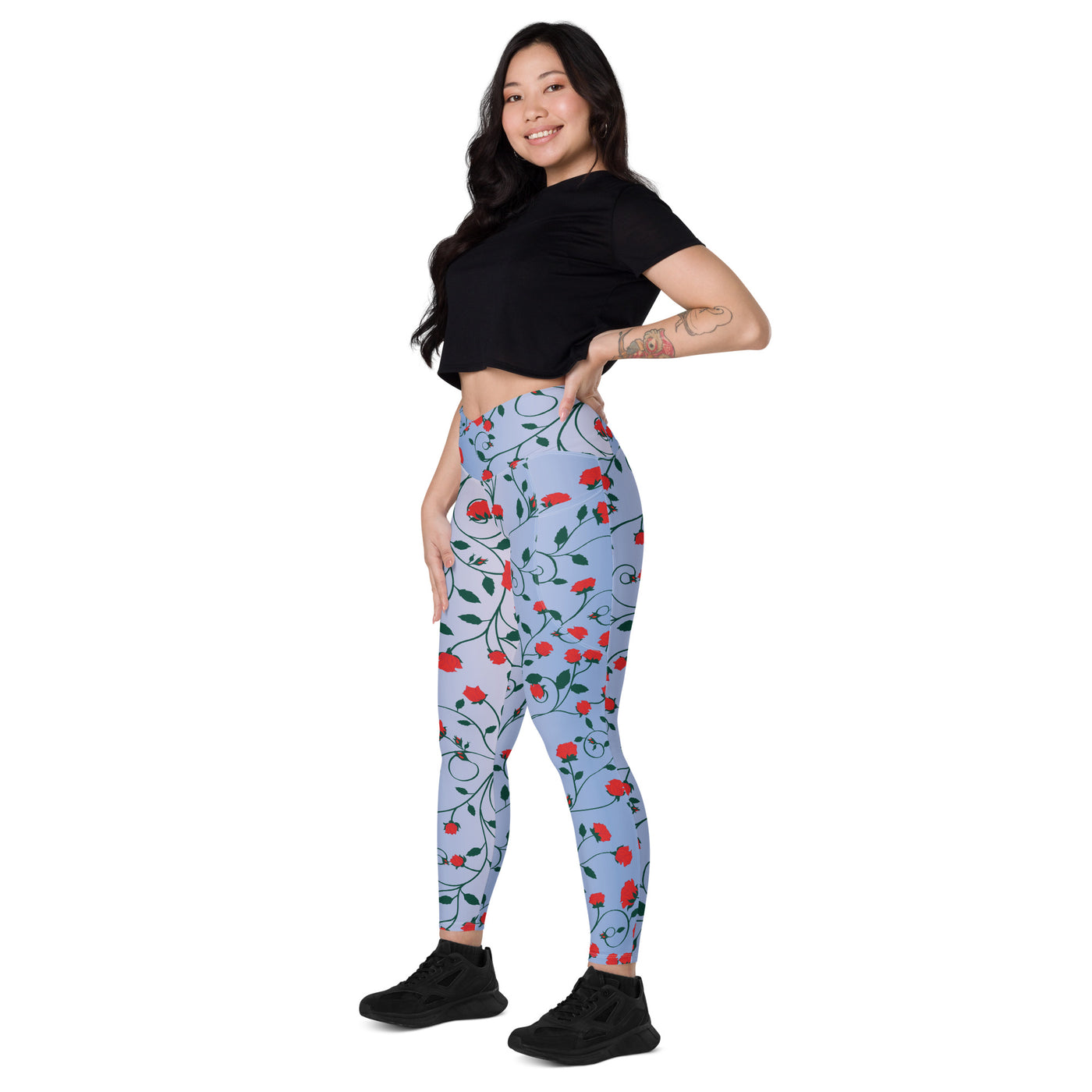 Women's-high-waisted-blue-floral-crossover-leggings-with-pockets