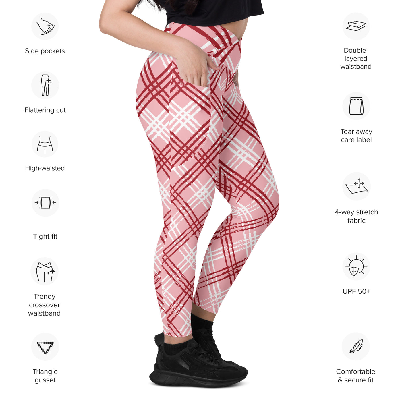 Berry Twist Plaid Plus Size Crossover Leggings with Pockets