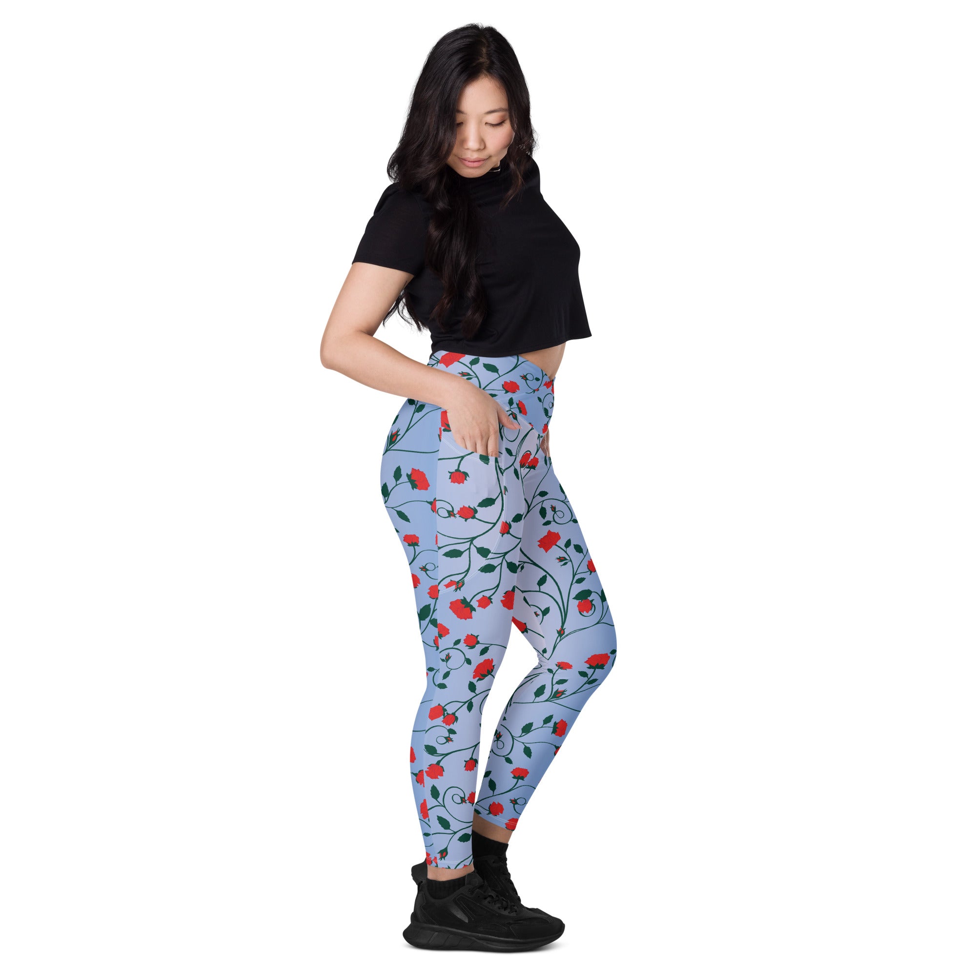 Women's-high-waisted-blue-floral-crossover-leggings-with-pockets