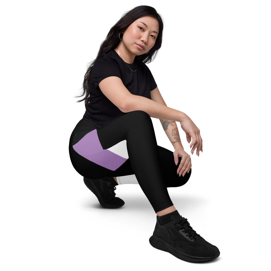 Women's-high-waisted-black-with-purple-and-white-geometric-crossover-leggings-with-pockets