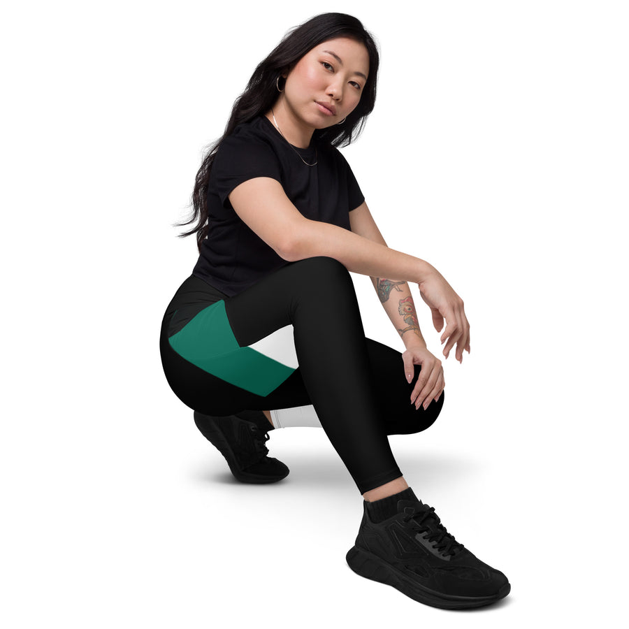 Women's-high-waisted-black-with-green-and-white-geometric-crossover-leggings-with-pockets