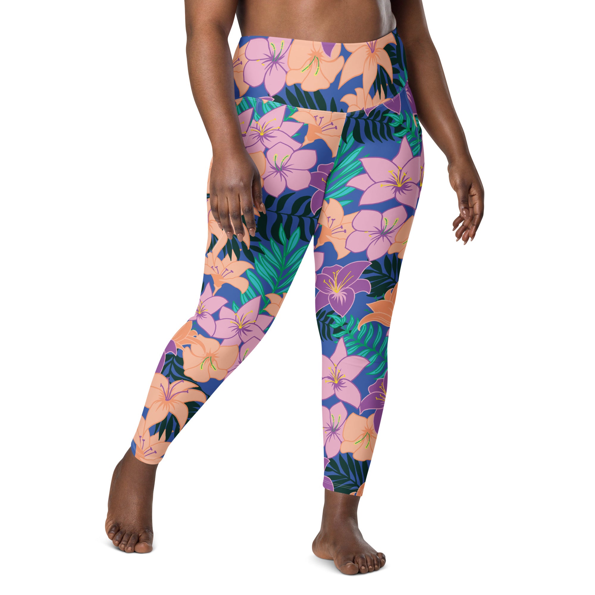 Women's-high-waisted-blue-floral-leggings-with-pockets