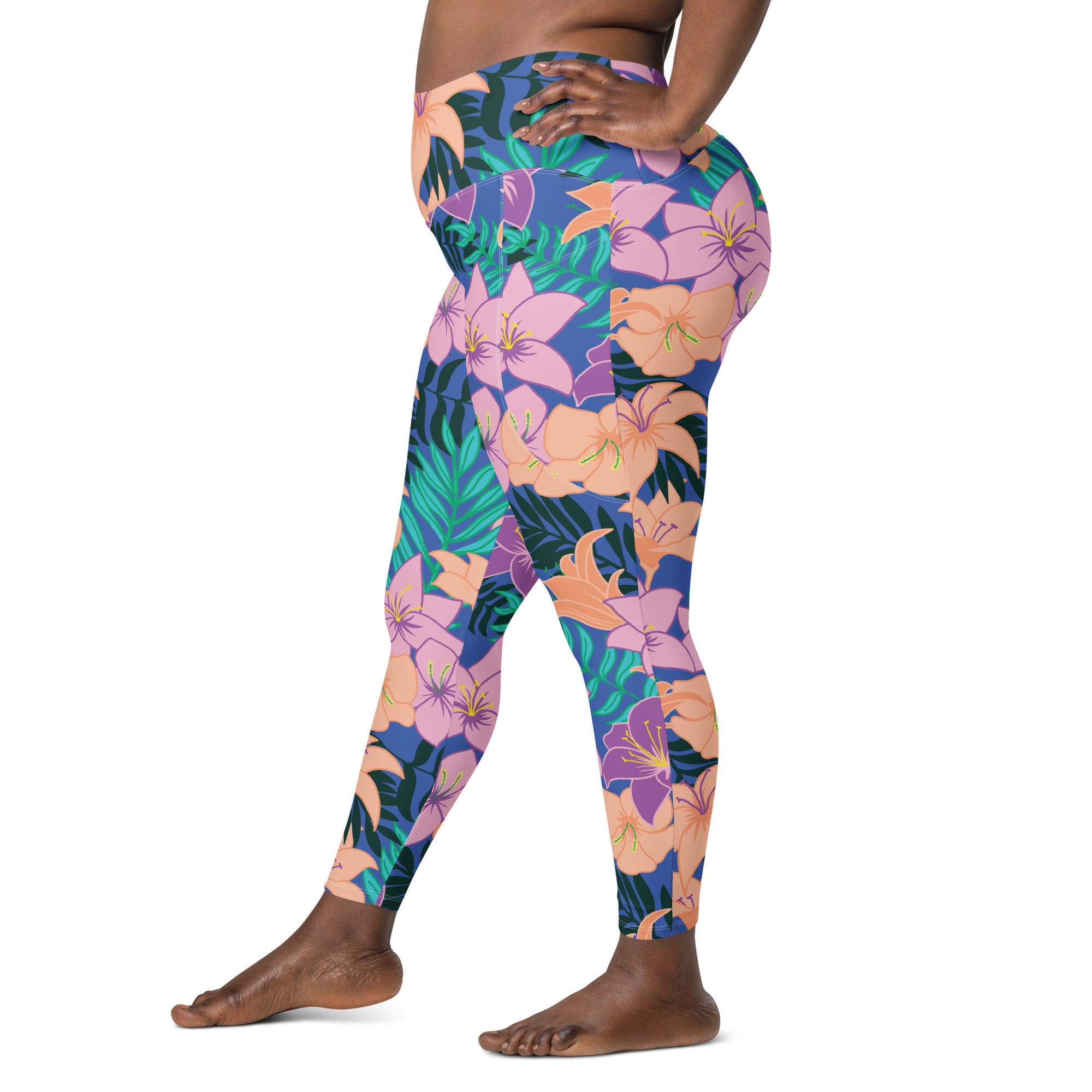 Women's-high-waisted-blue-floral-leggings-with-pockets