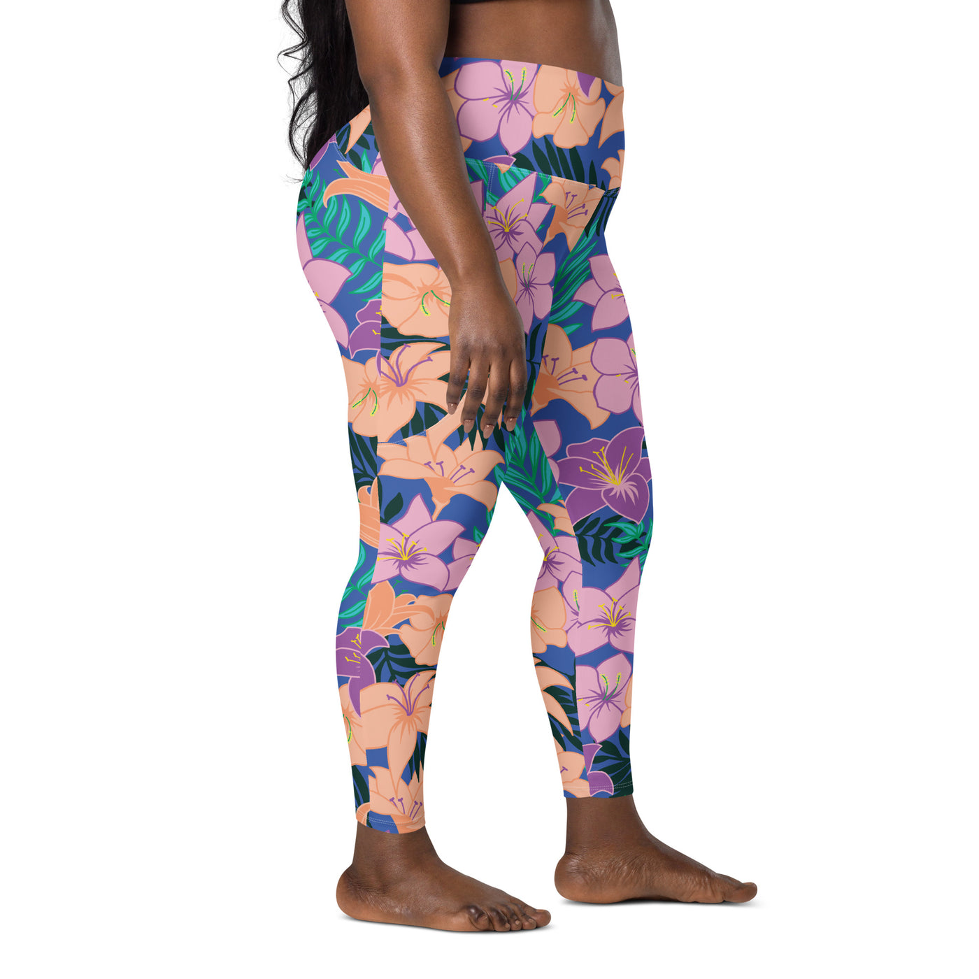 Women's-high-waisted-blue-floral-leggings-with-pockets