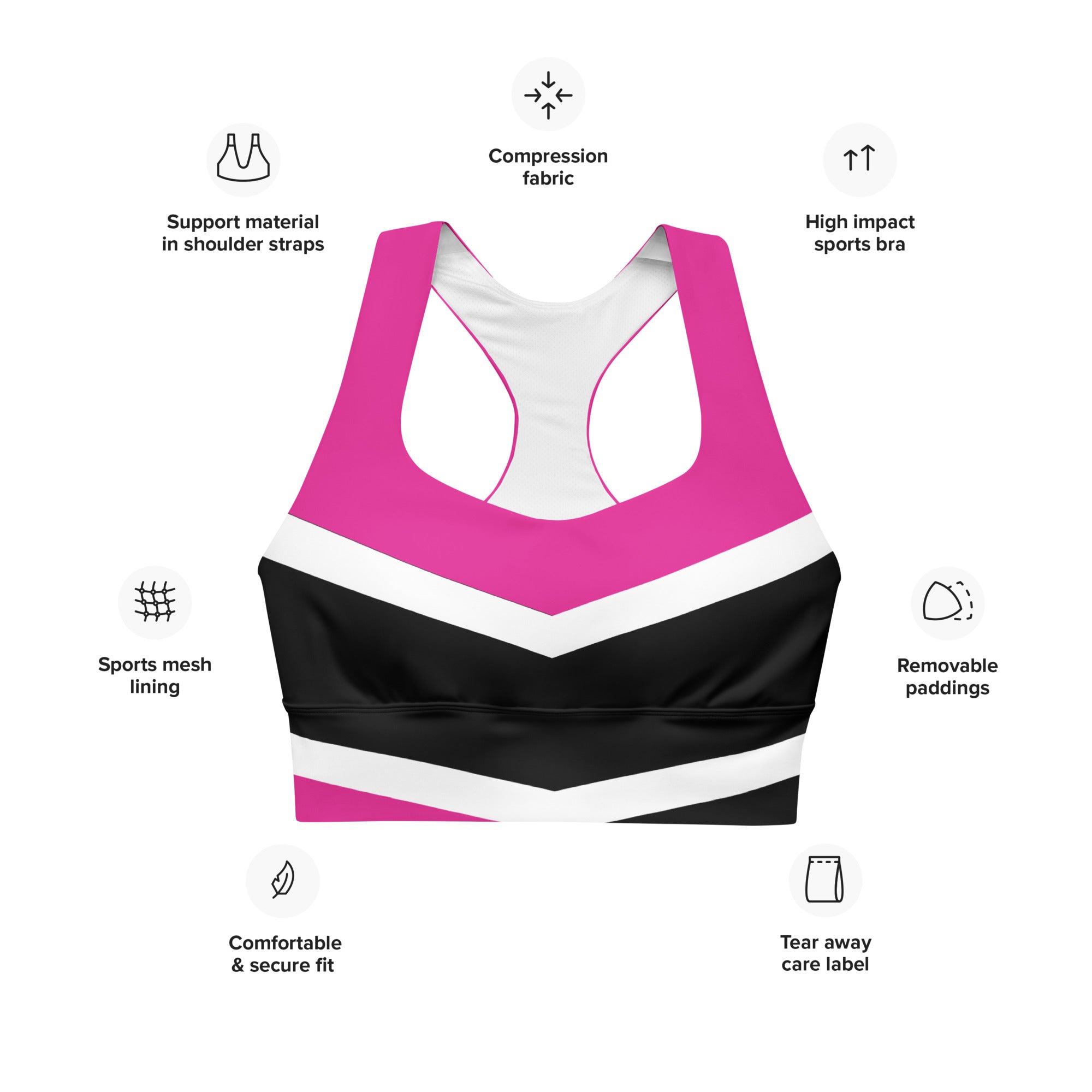 Women's-maximum-support-black-with-pink-and-white-geometric-sports-bra