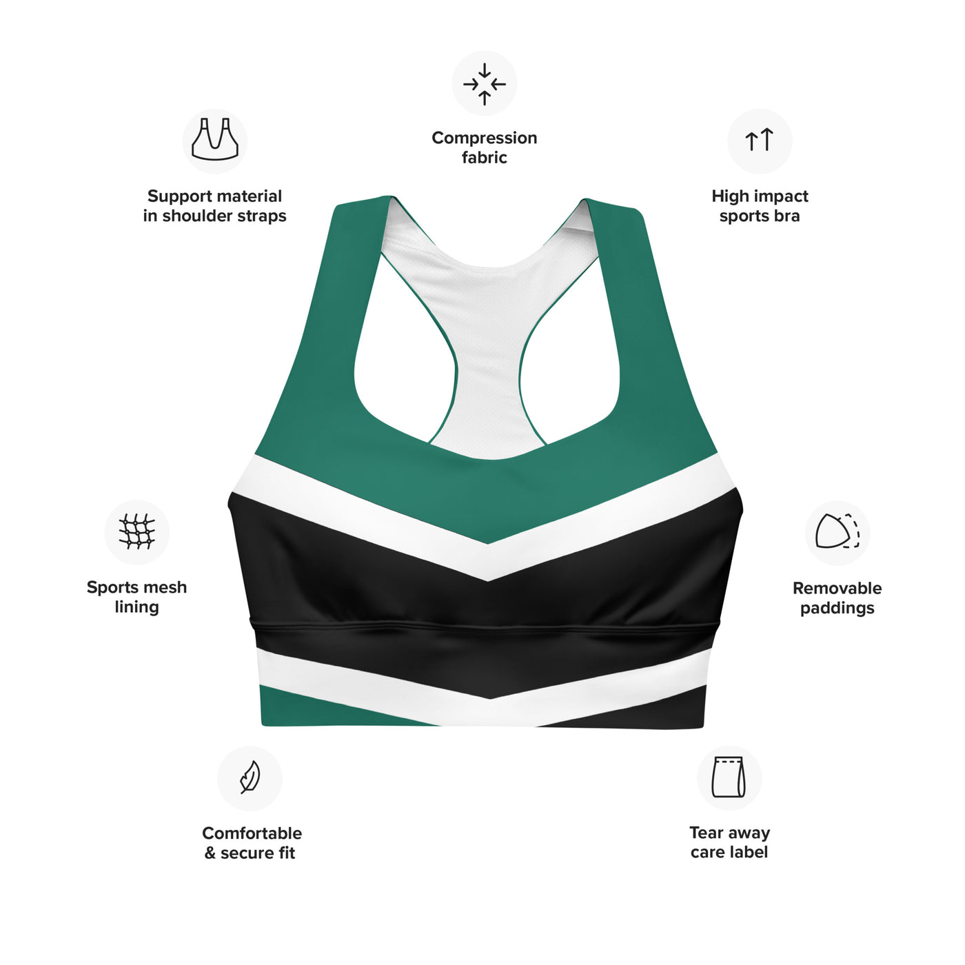 Women's-maximum-support-black-with-green-and-white-geometric-sports-bra