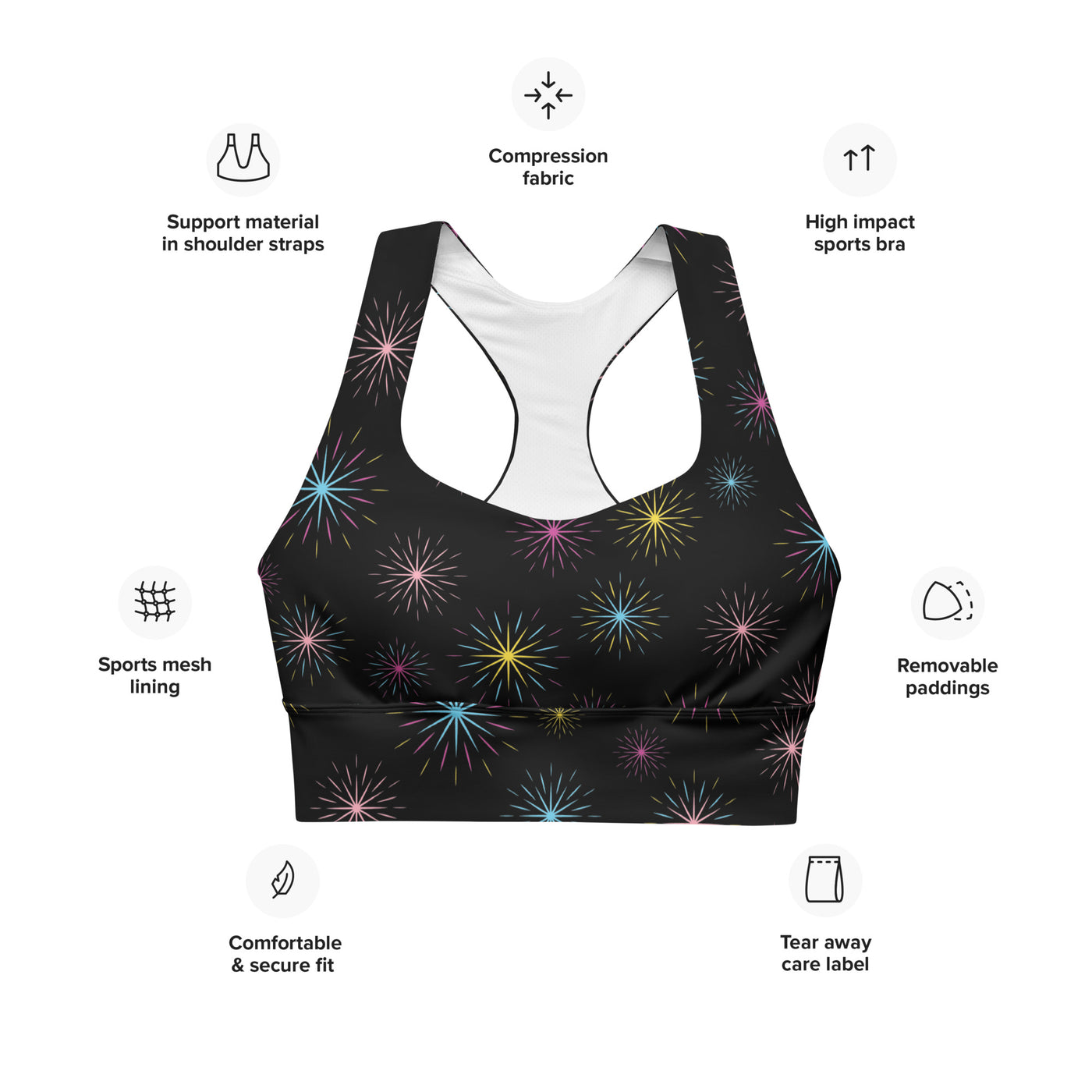 Women's-maximum-support-black-multicolor-starburts-sports-bra