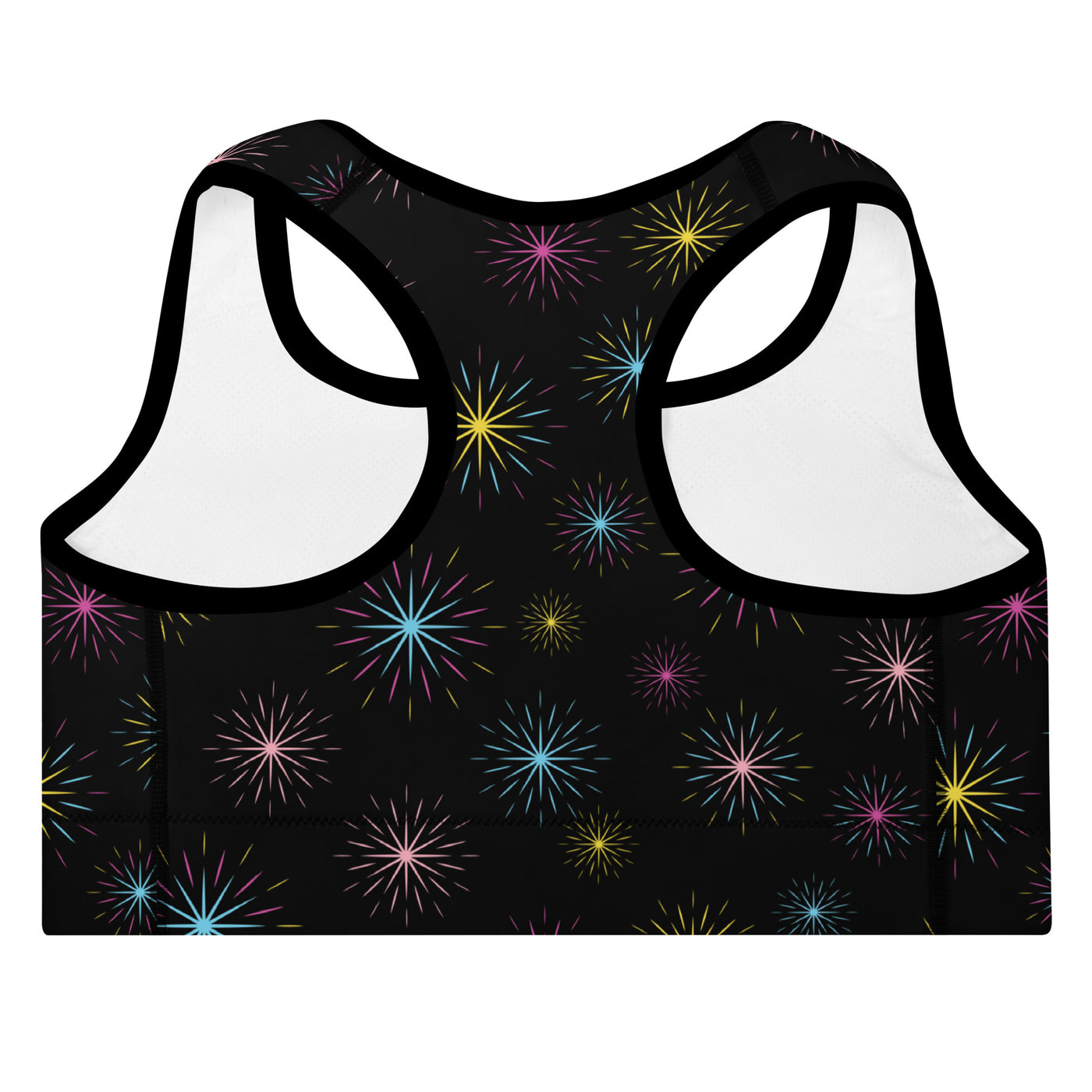 Women's-medium-support-black-multicolor-starburts-sports-bra