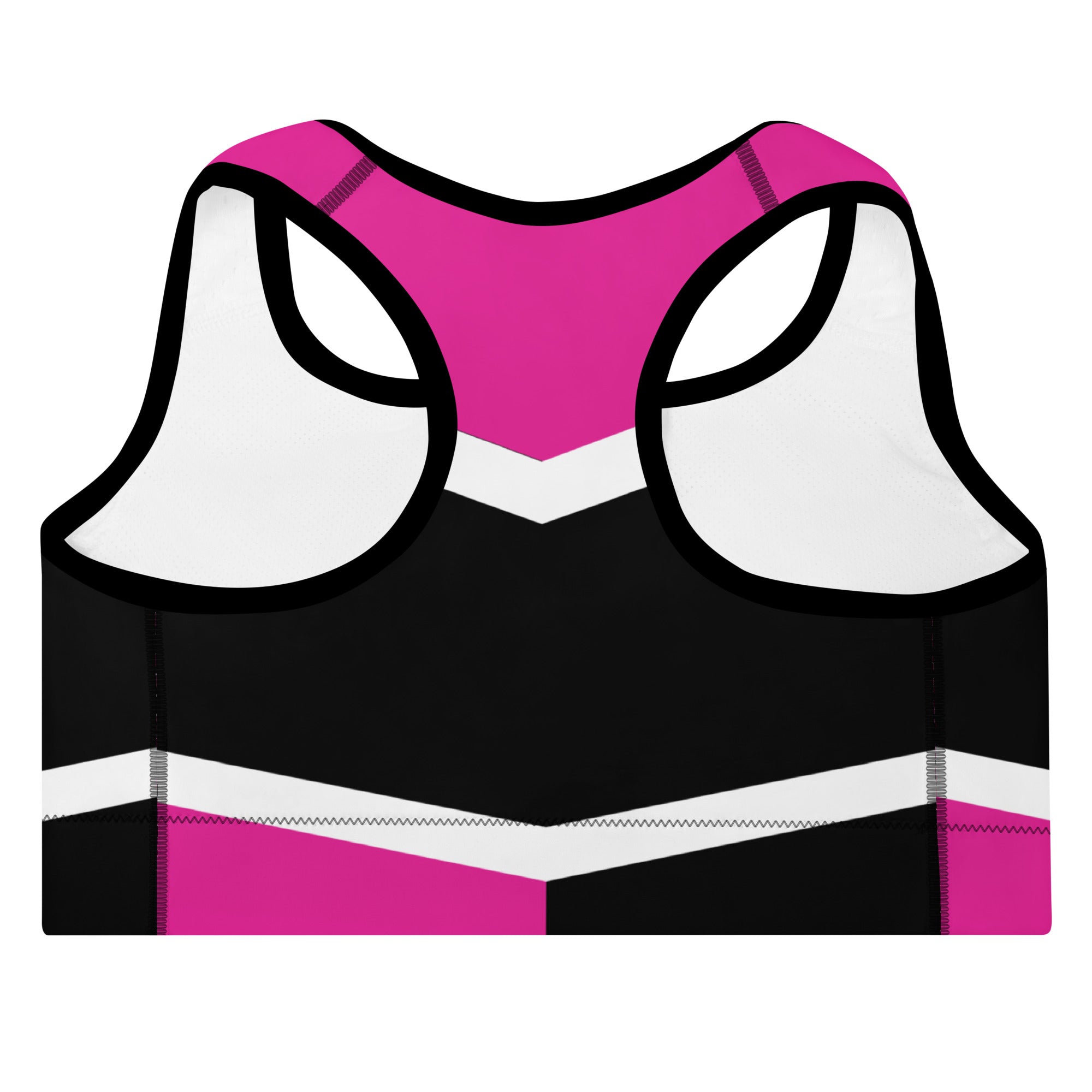 Women's-medium-support-black-with-pink-and-white-geometric-sports-bra