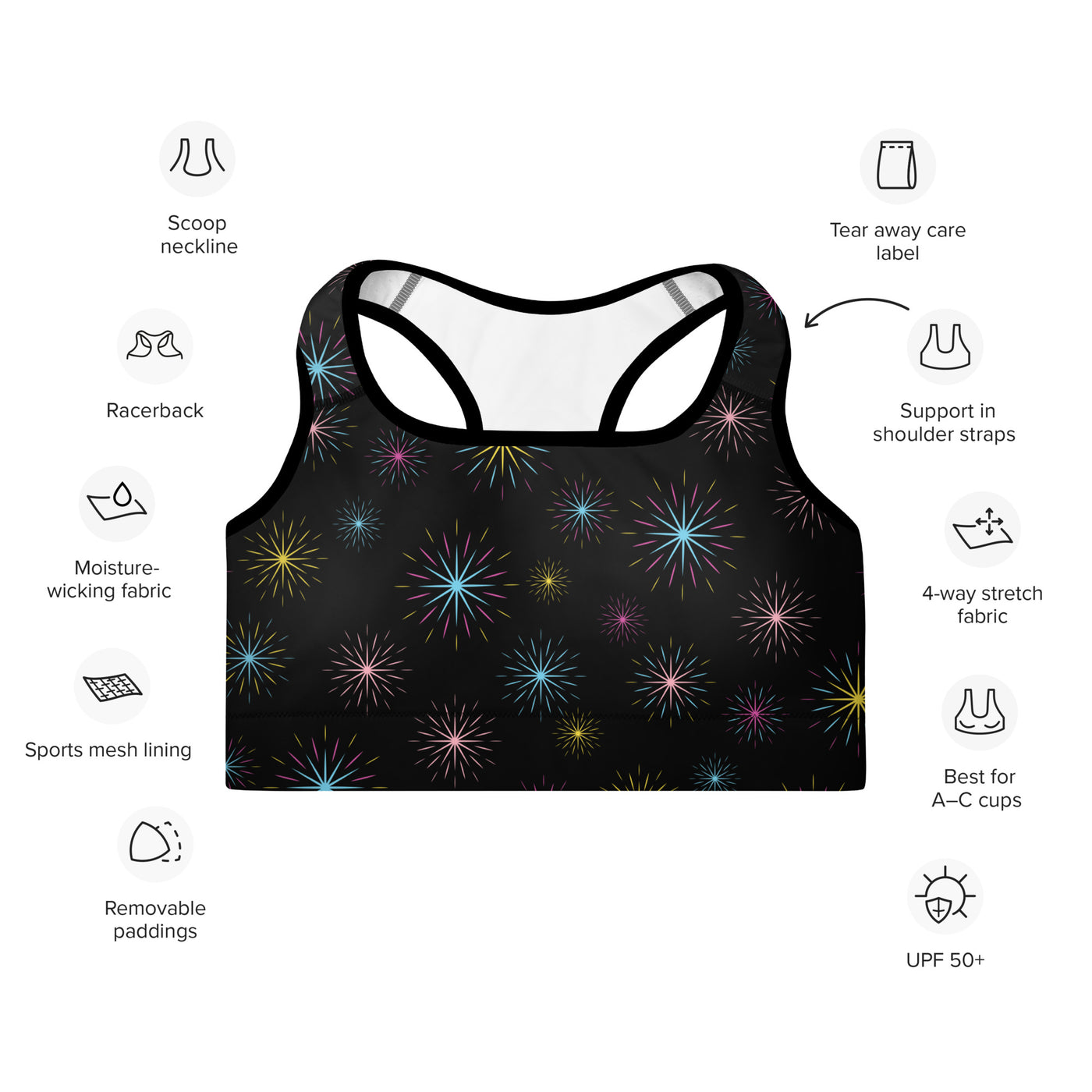 Women's-medium-support-black-multicolor-starburts-sports-bra