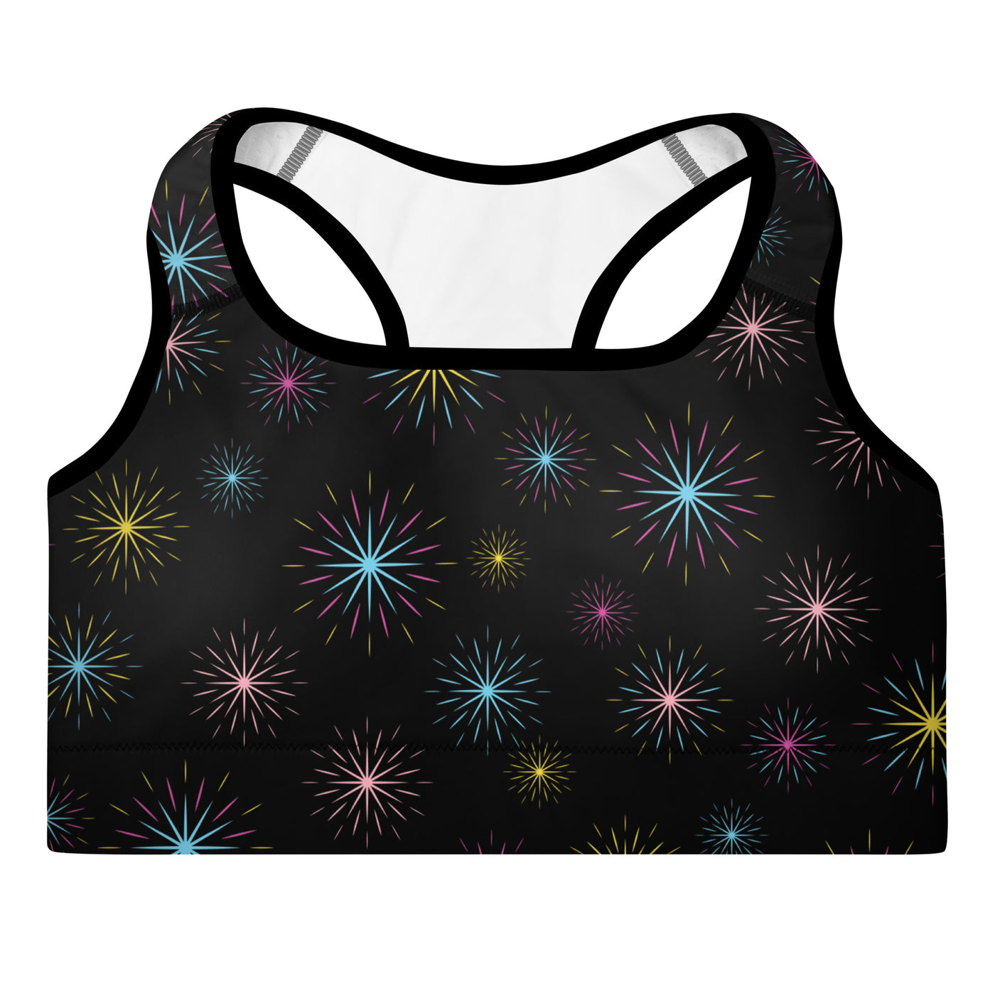 Women's-medium-support-black-multicolor-starburts-sports-bra