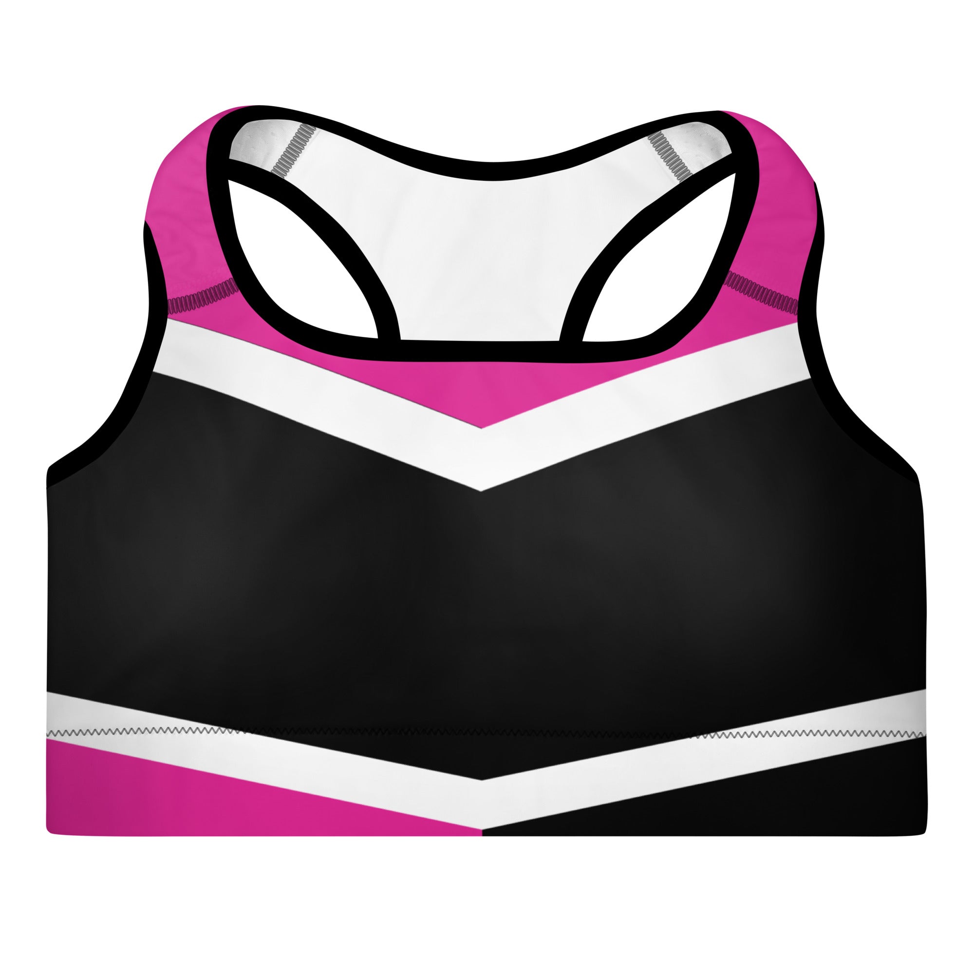 Women's-medium-support-black-with-pink-and-white-geometric-sports-bra