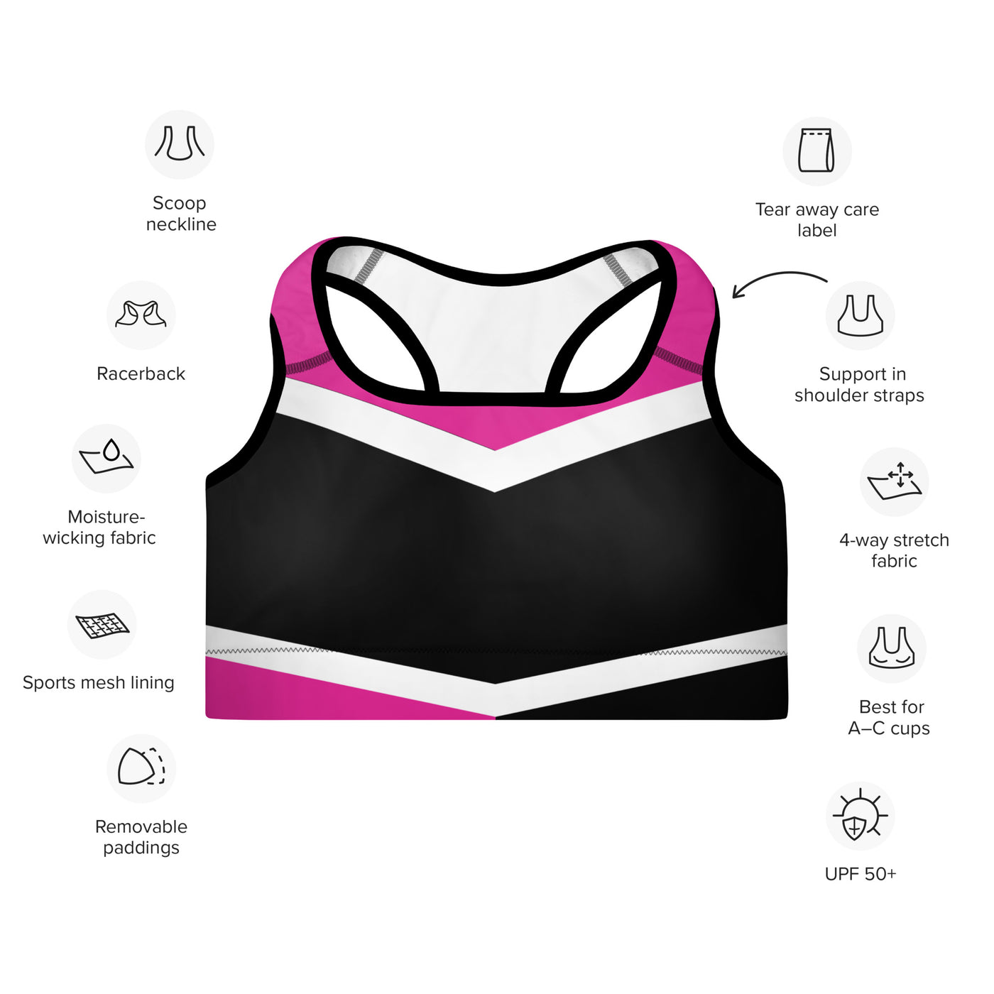 Women's-medium-support-black-with-pink-and-white-geometric-sports-bra