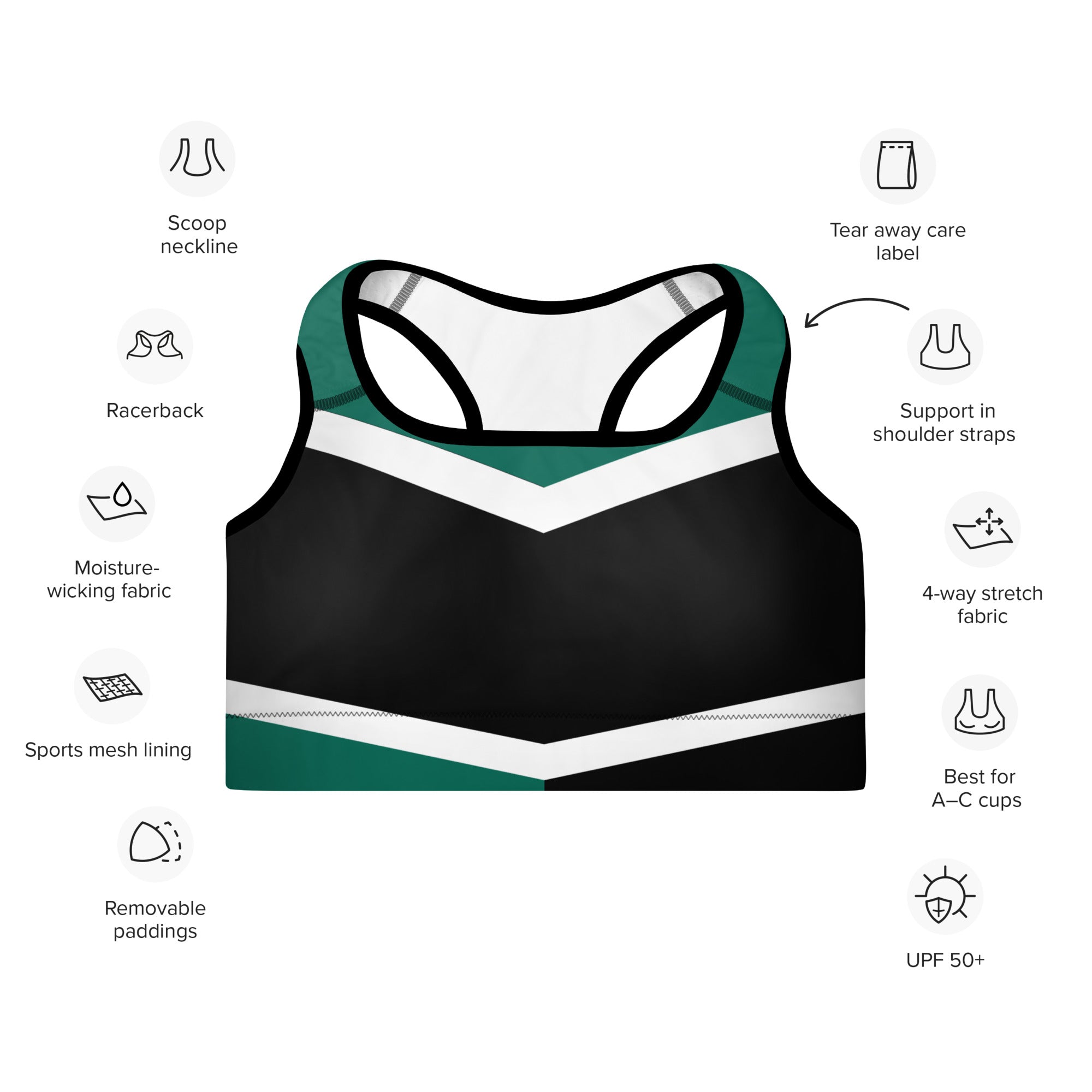 Women's-medium-support-black-with-green-and-white-geometric-sports-bra