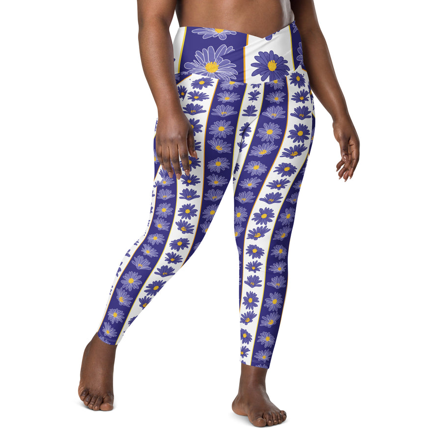 Women's-high-waisted-white-and-purple-striped-floral-crossover-leggings-with-pockets