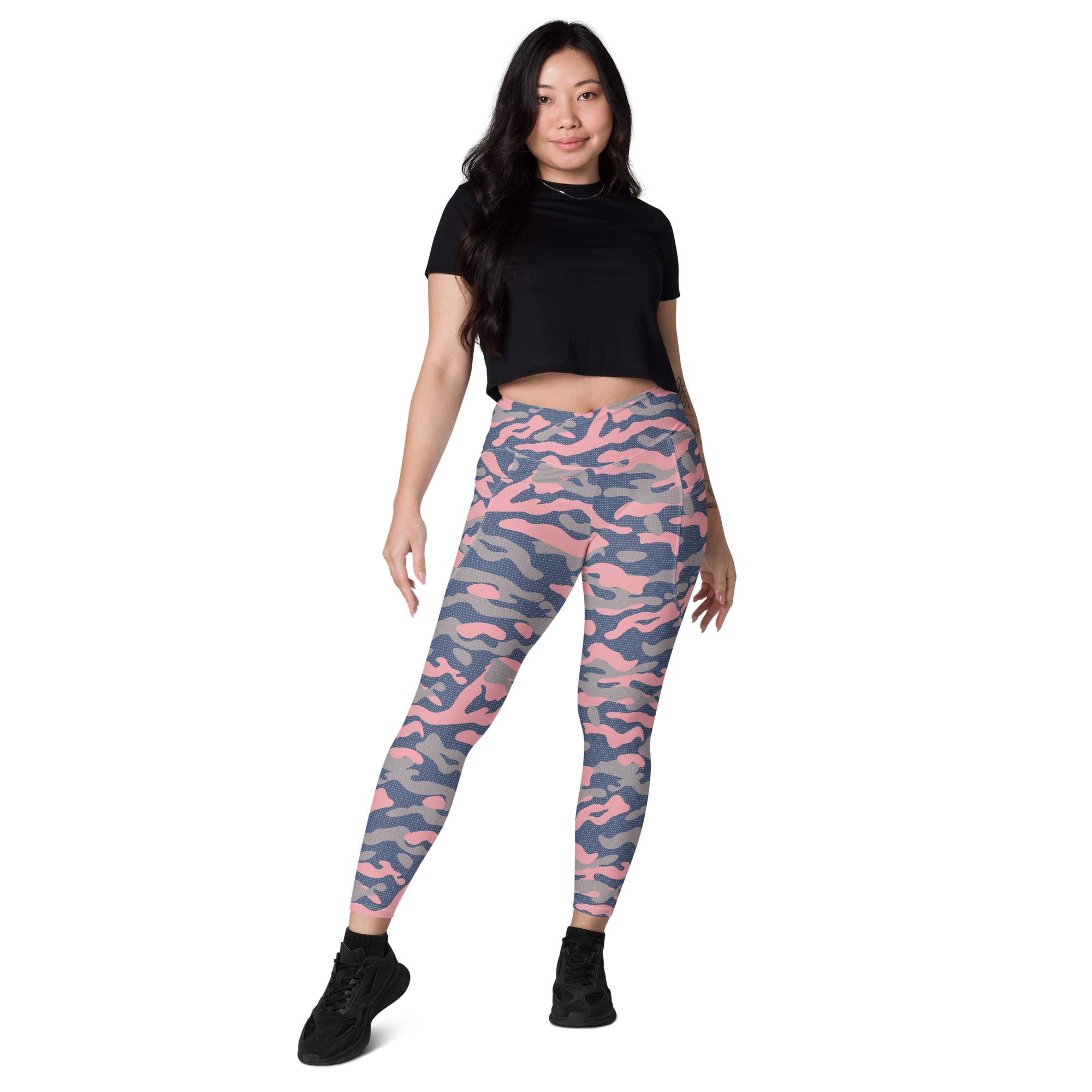 Women's-high-waisted-pink-camo-crossover-leggings-with-pockets