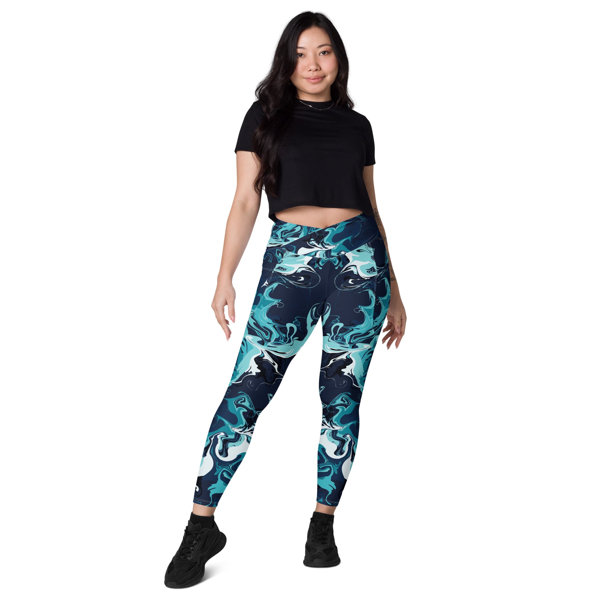 Women's-high-waisted-blue-multicolor-crossover-leggings-with-pockets