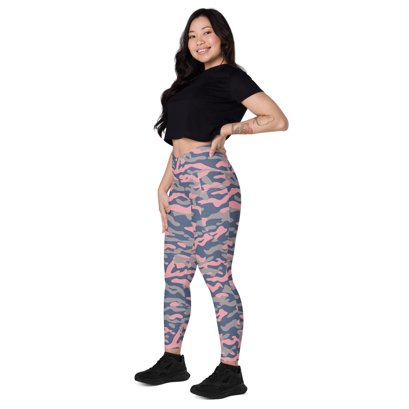 Women's-high-waisted-pink-camo-crossover-leggings-with-pockets