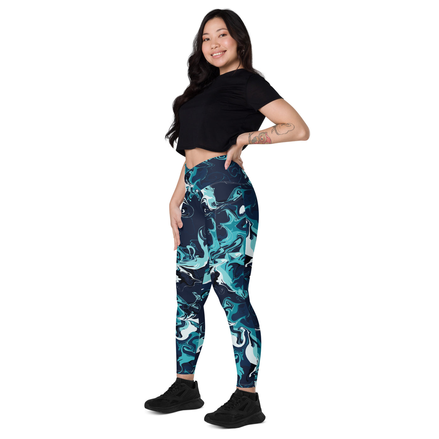 Women's-high-waisted-blue-multicolor-crossover-leggings-with-pockets