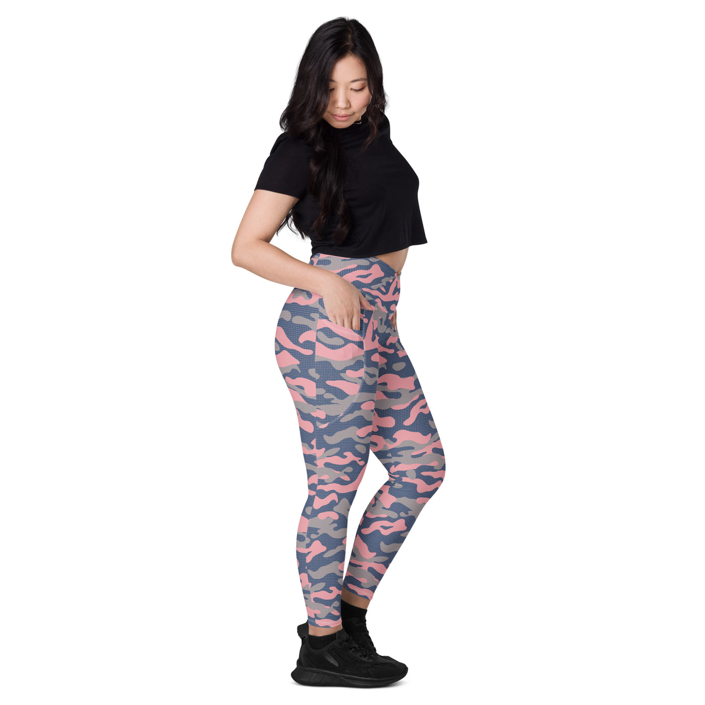 Women's-high-waisted-pink-camo-crossover-leggings-with-pockets