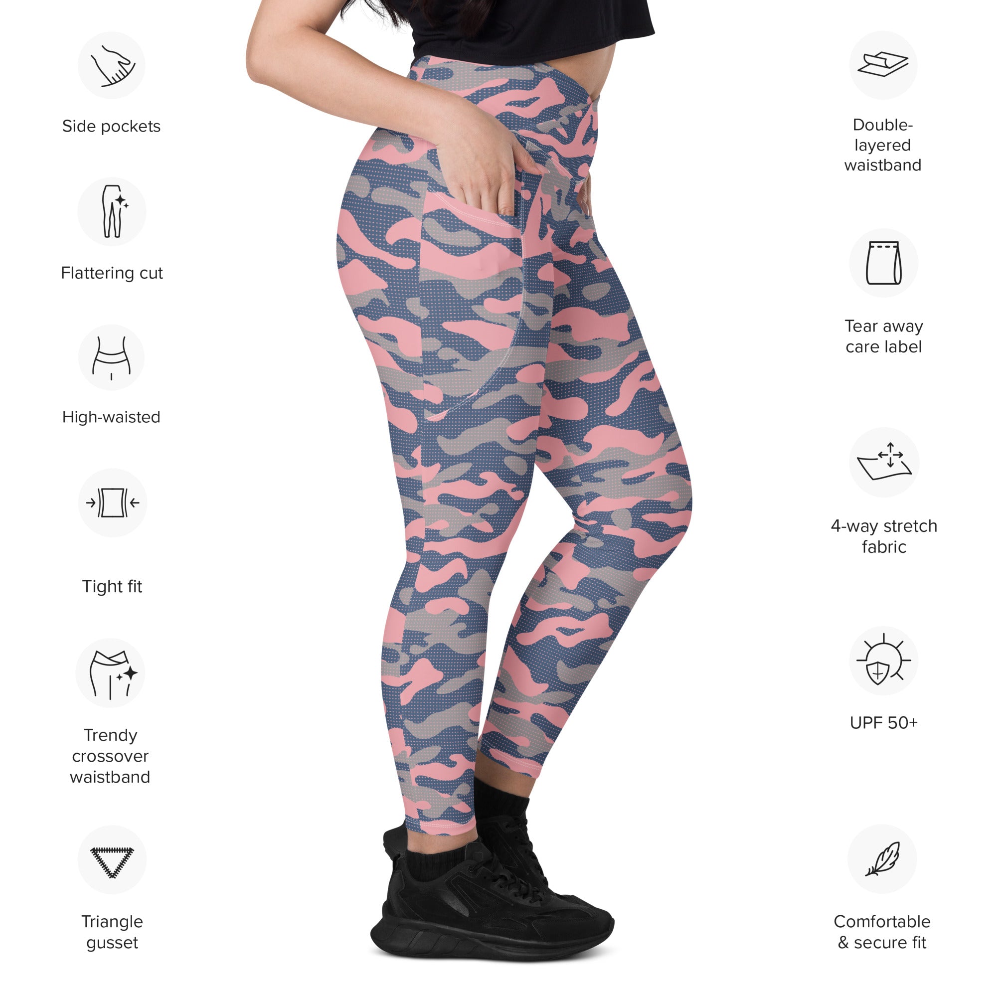 Women's-high-waisted-pink-camo-crossover-leggings-with-pockets