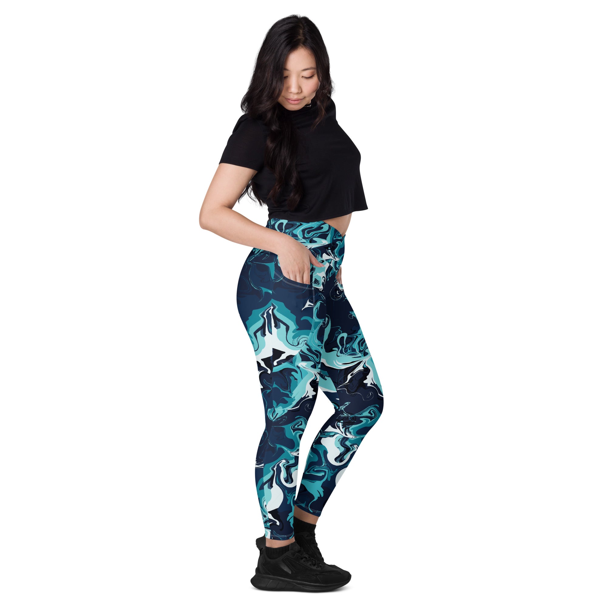 Women's-high-waisted-blue-multicolor-crossover-leggings-with-pockets