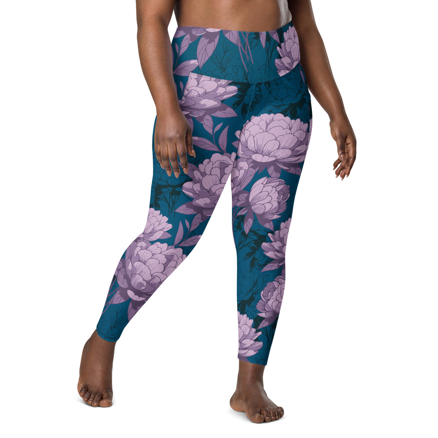 Women's-high-waisted-blue-floral-leggings-with-pockets