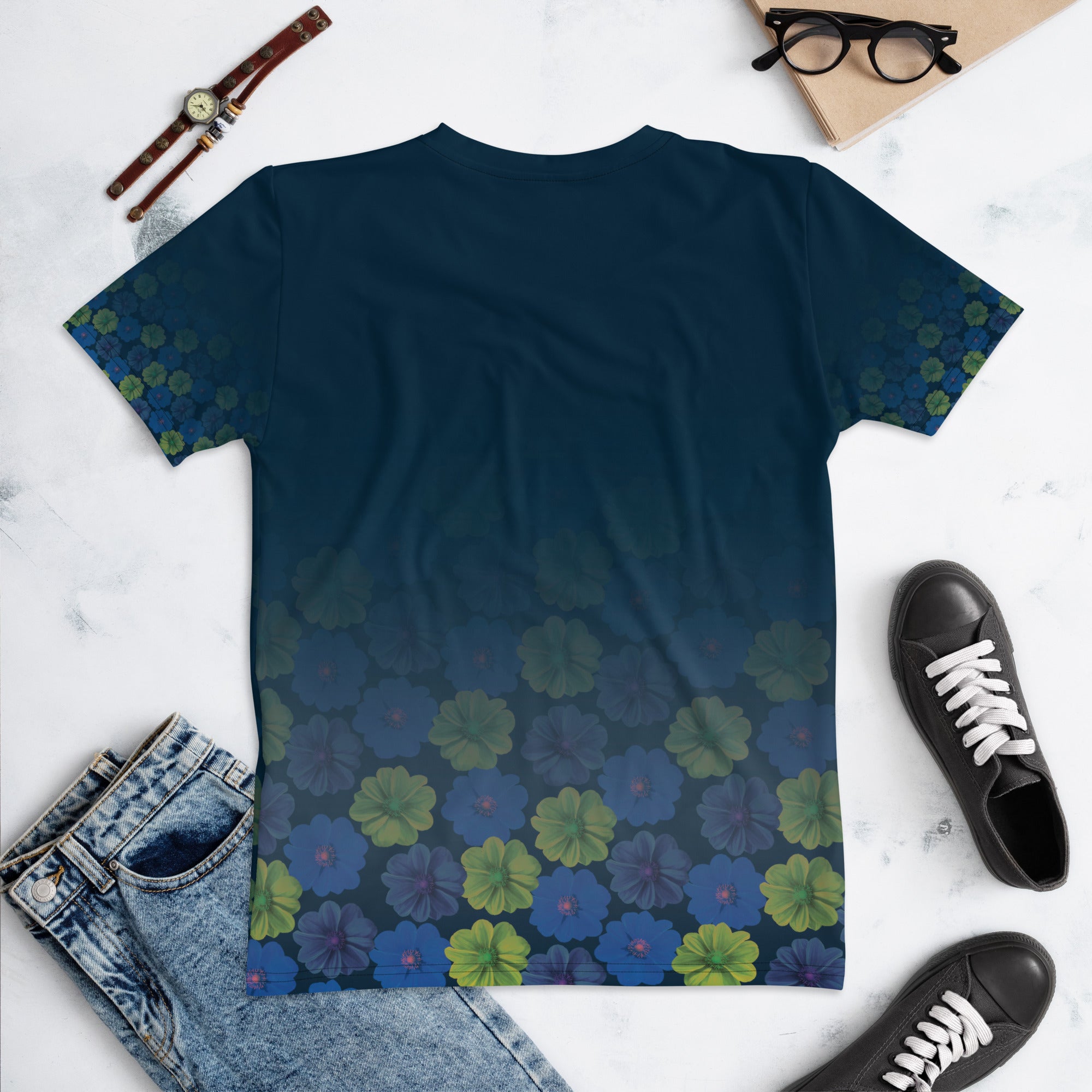 Women's-moisture-wicking-navy-blue-floral-tee