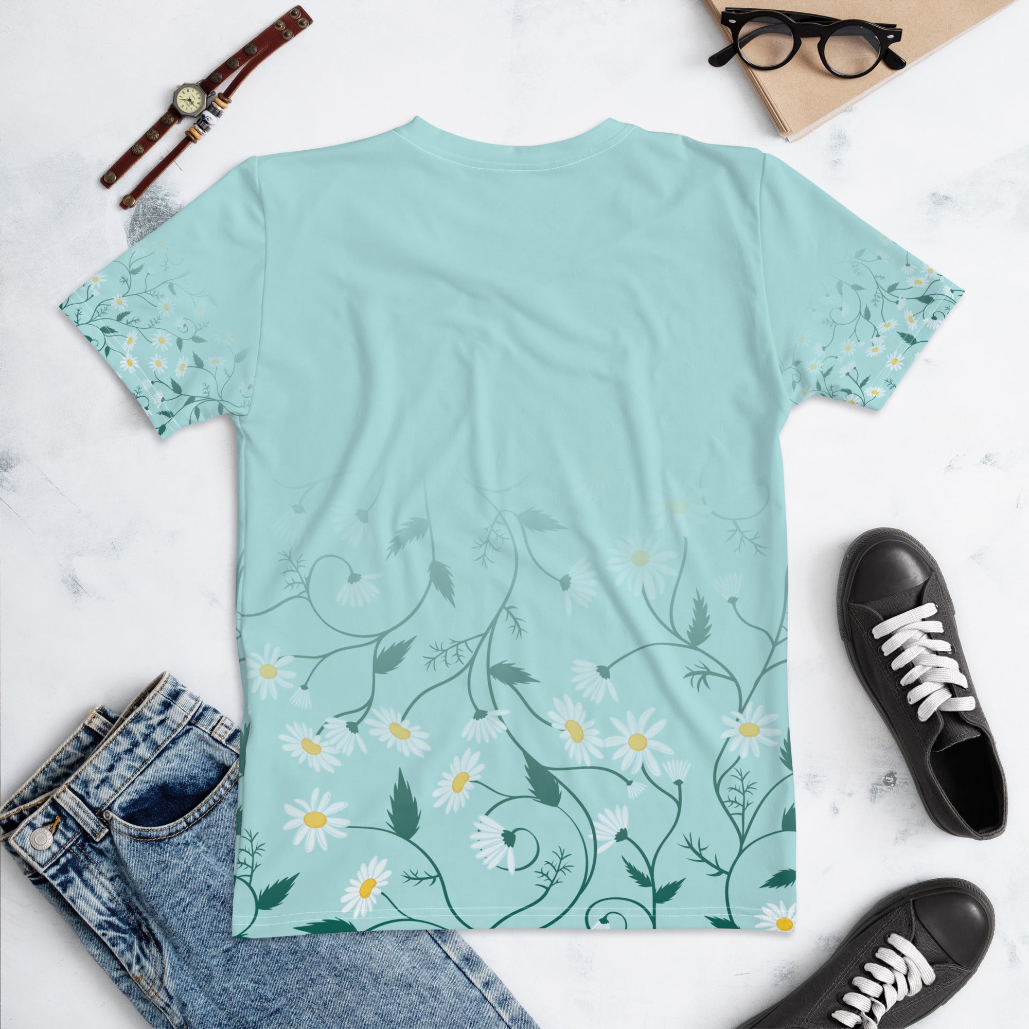 Women's-moisture-wicking-blue-floral-tee