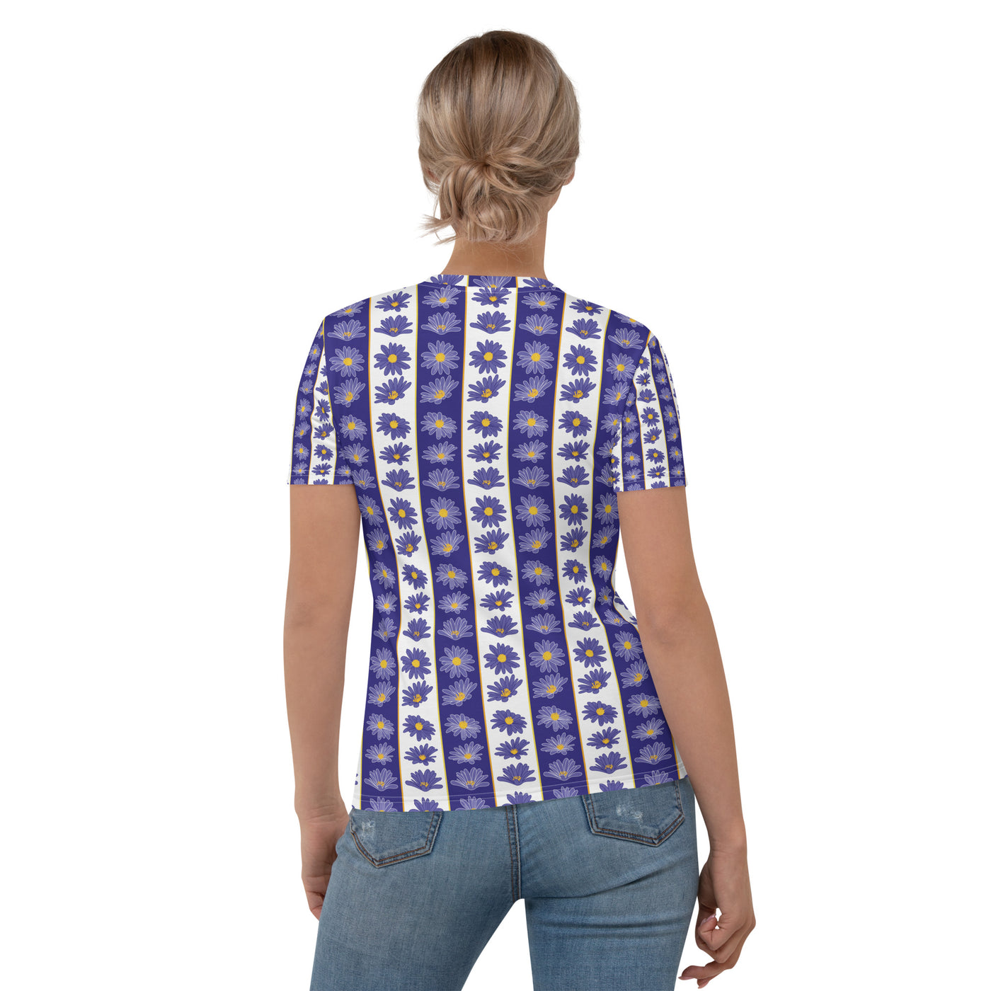 Women's moisture-wicking white and purple striped floral tee