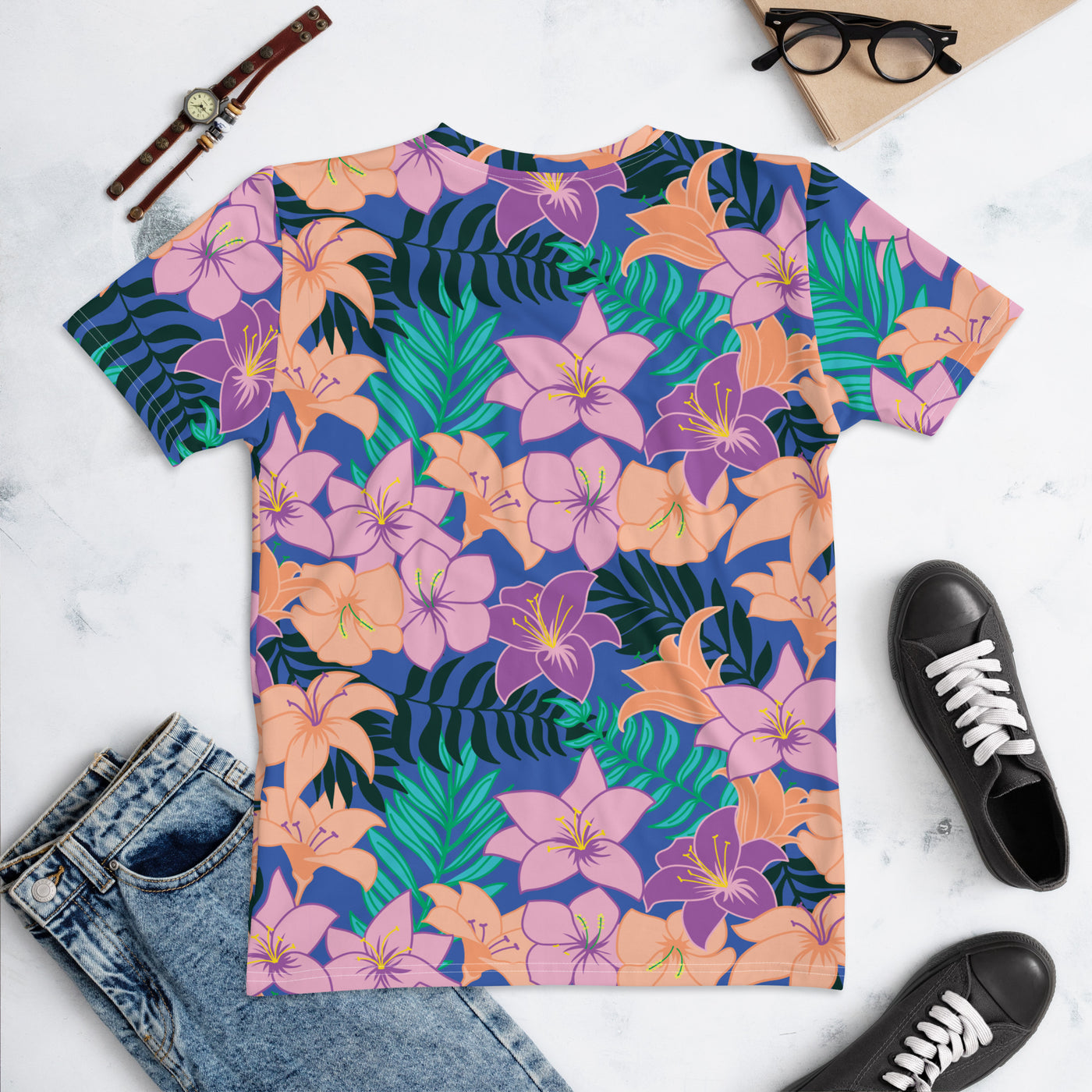 Women's-moisture-wicking-blue-floral-tee