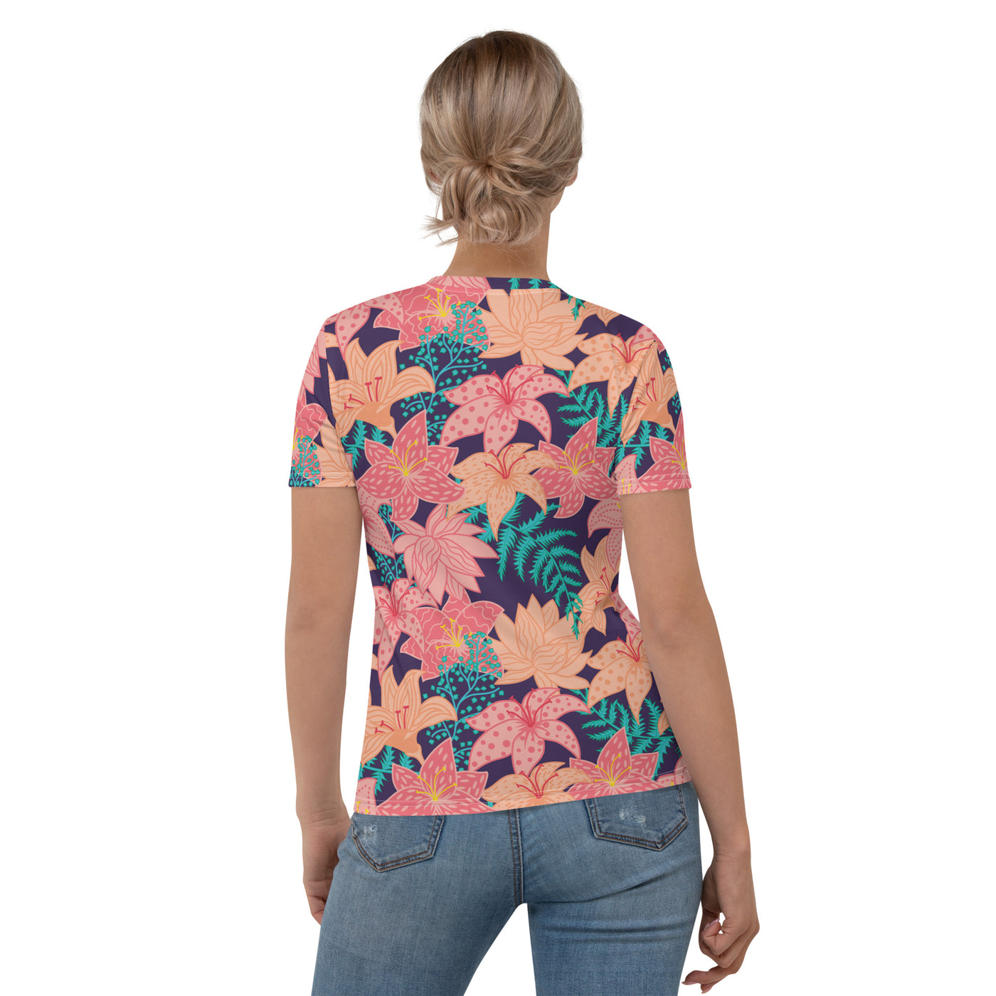 Women's-moisture-wicking-navy-blue-floral-tee