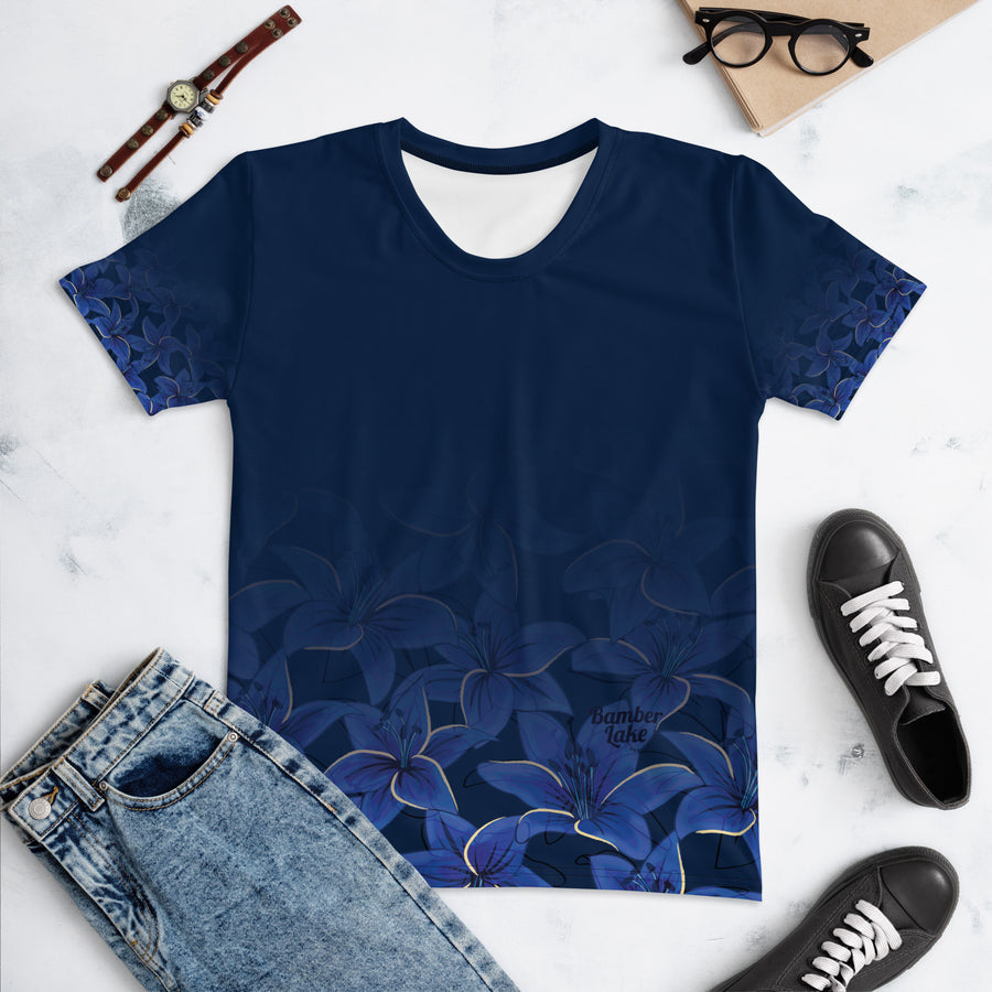 Women's-moisture-wicking-navy-blue-floral-tee